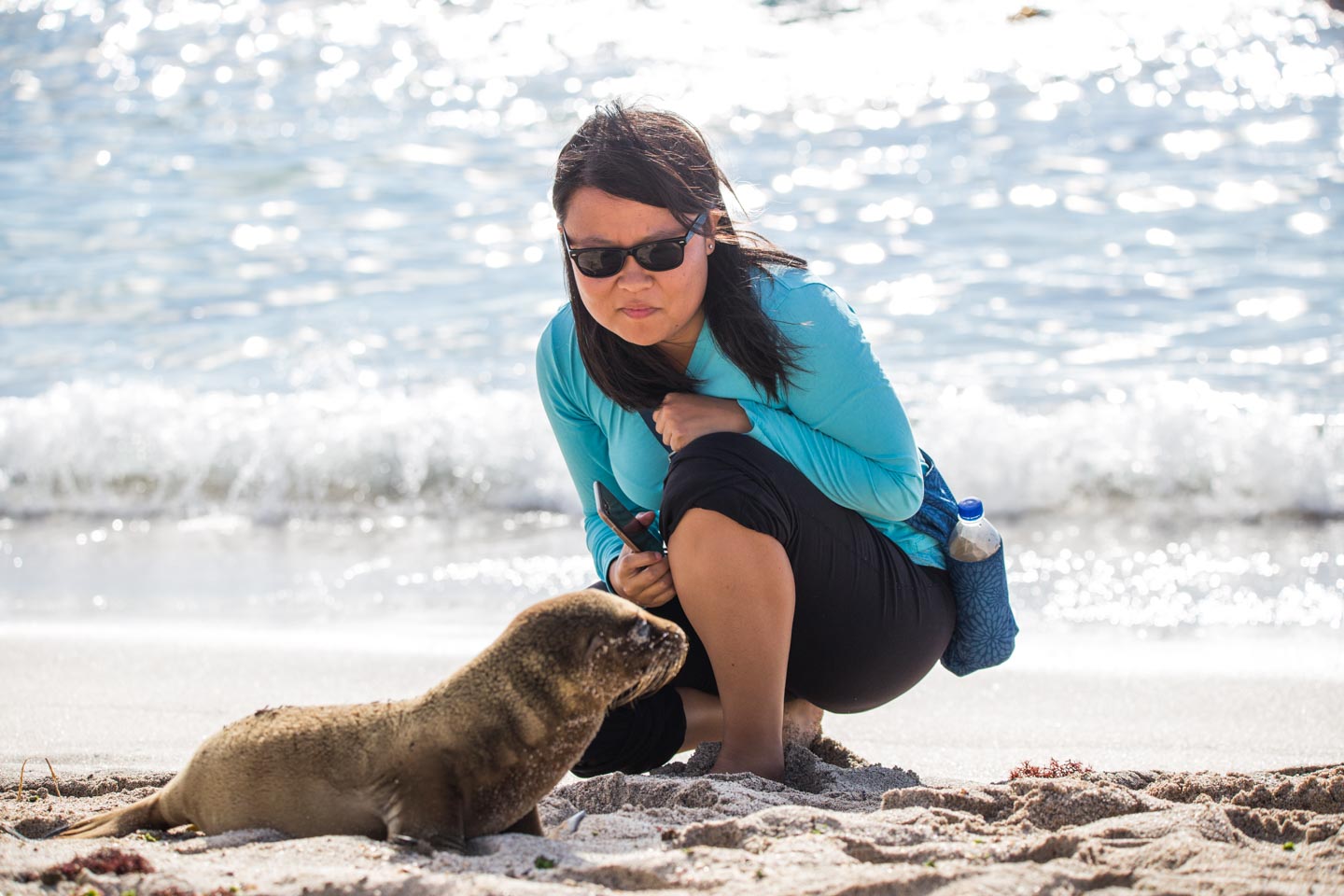 Sea lion pup walking right next to Julie on Playa Punta Carola, San Cristóbal, Galápagos Islands, Ecuador