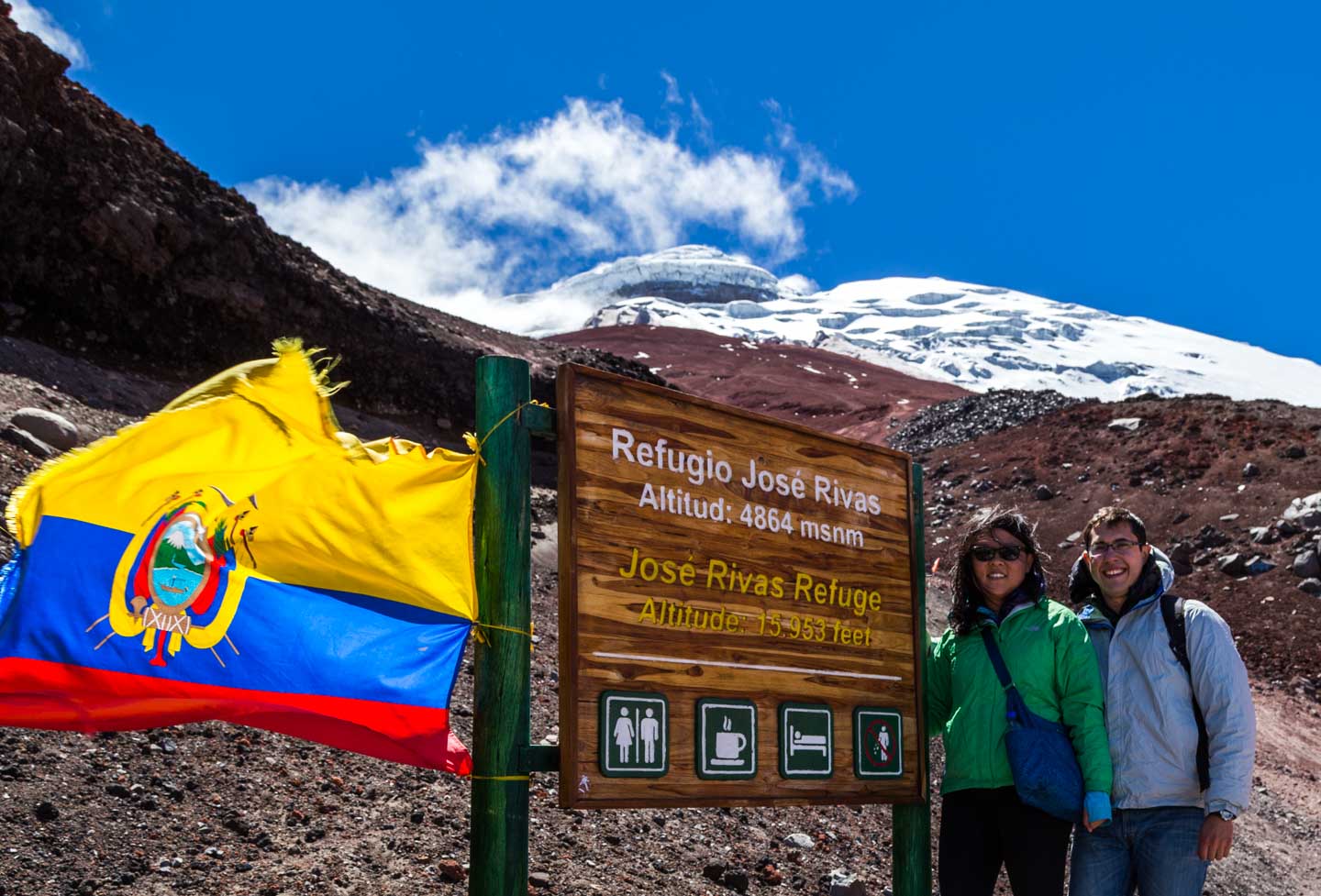 Julie and Carlos reaching Refugio José Rivas at 4,864 meters (15,953 ft) of altitude, Cotopaxi National Park, Ecuador