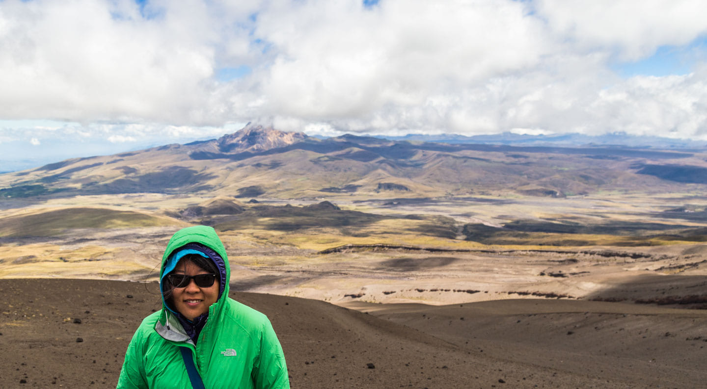 Julie working against the wind at Cotopaxi National Park, Ecuador