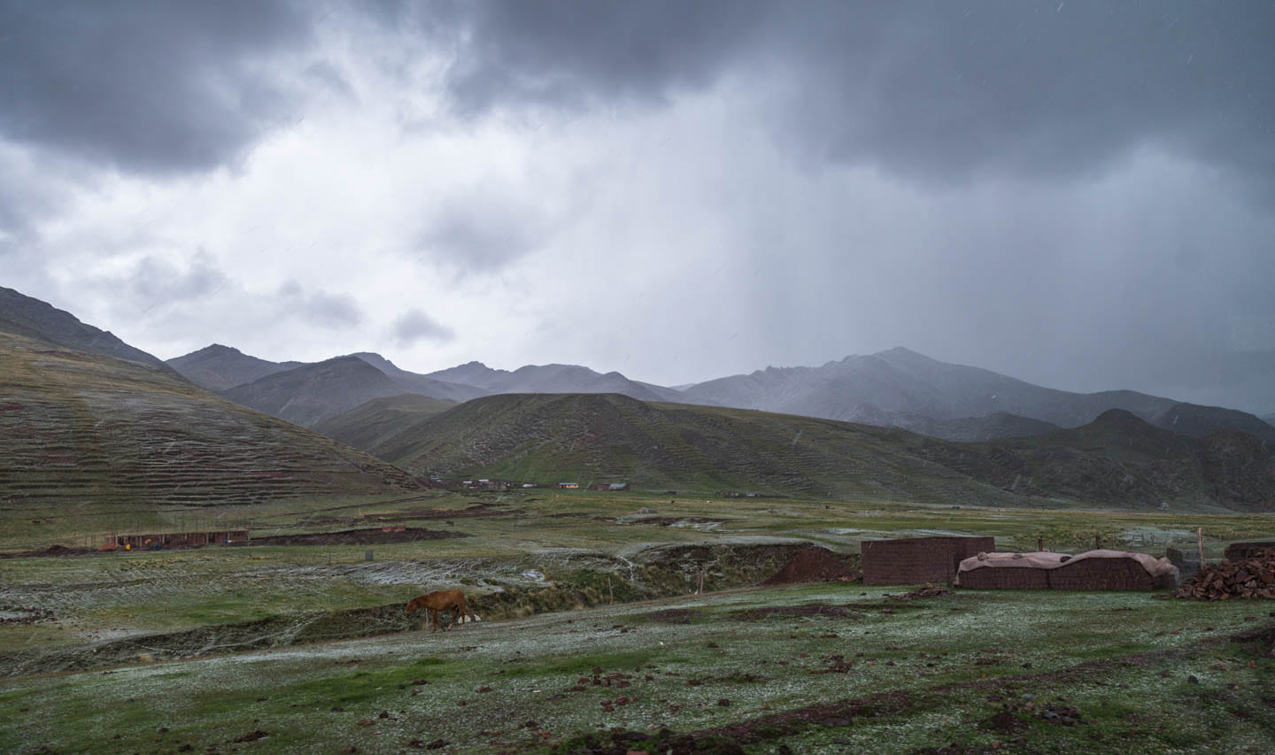 Hail pouring down on the drive back, Rainbow Mountain, Peru
