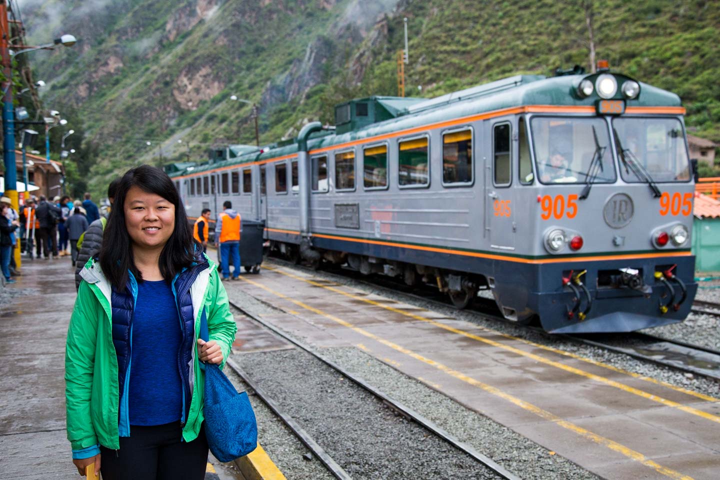 Julie at the Ollantaytambo train station waiting for the IncaRail train, Ollantaytambo, Peru