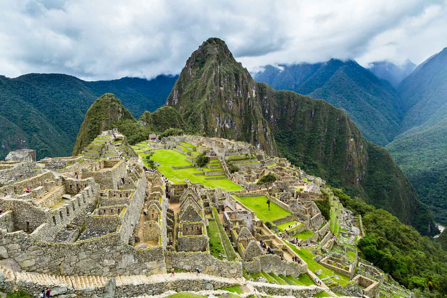 Stairs leading to the lower town of Machu Picchu, Peru