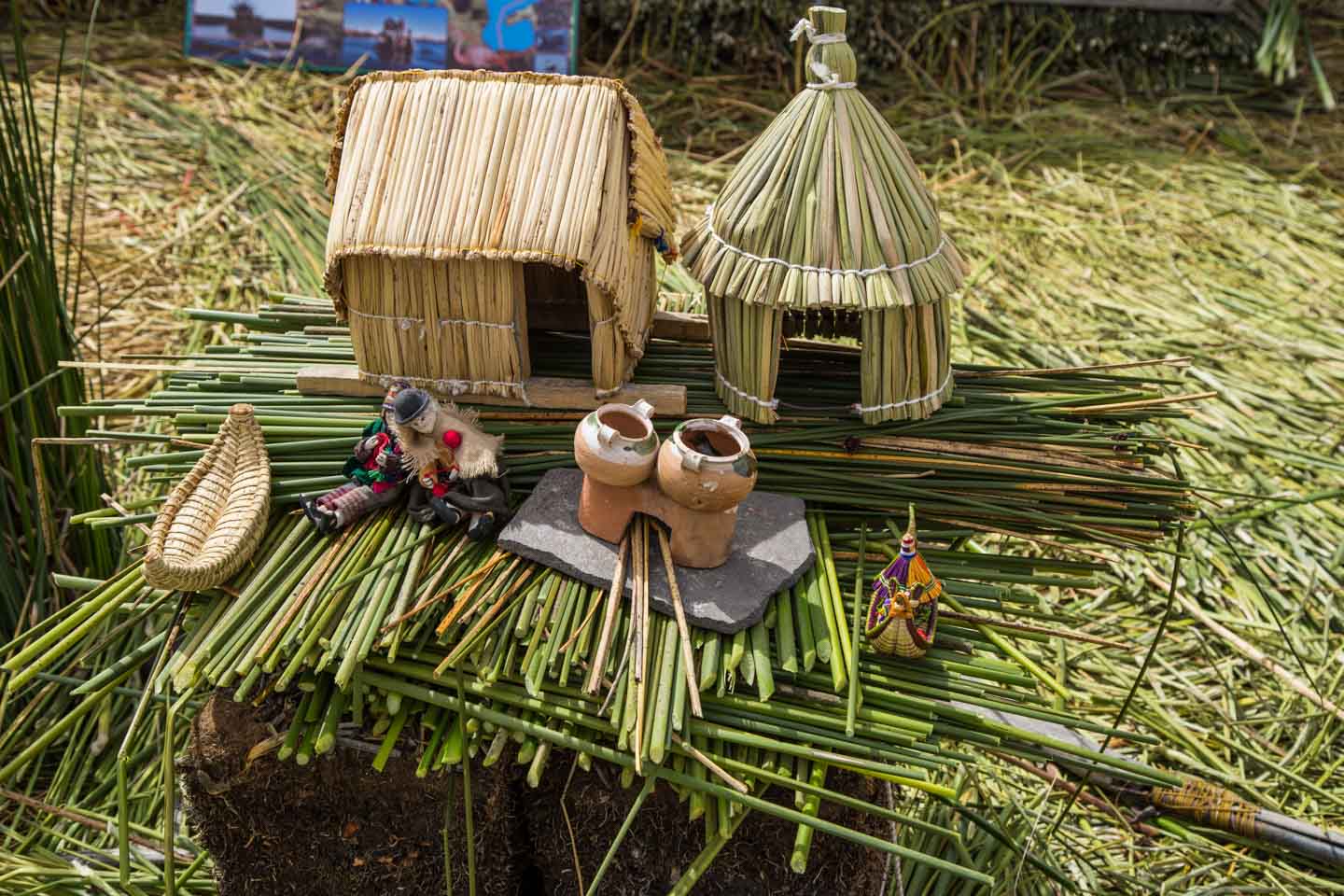 Small model of the reed floating islands, Uros Islands, Lake Titicaca, Peru