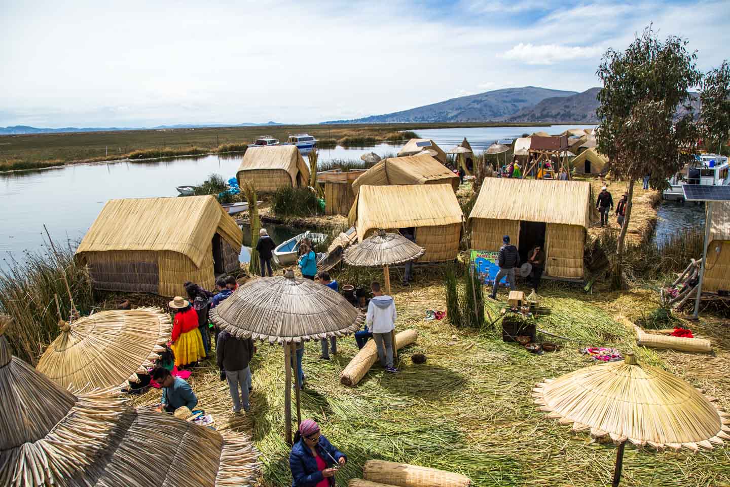Overlooking a reed floating islands from the watchtower, Uros Islands, Lake Titicaca, Peru