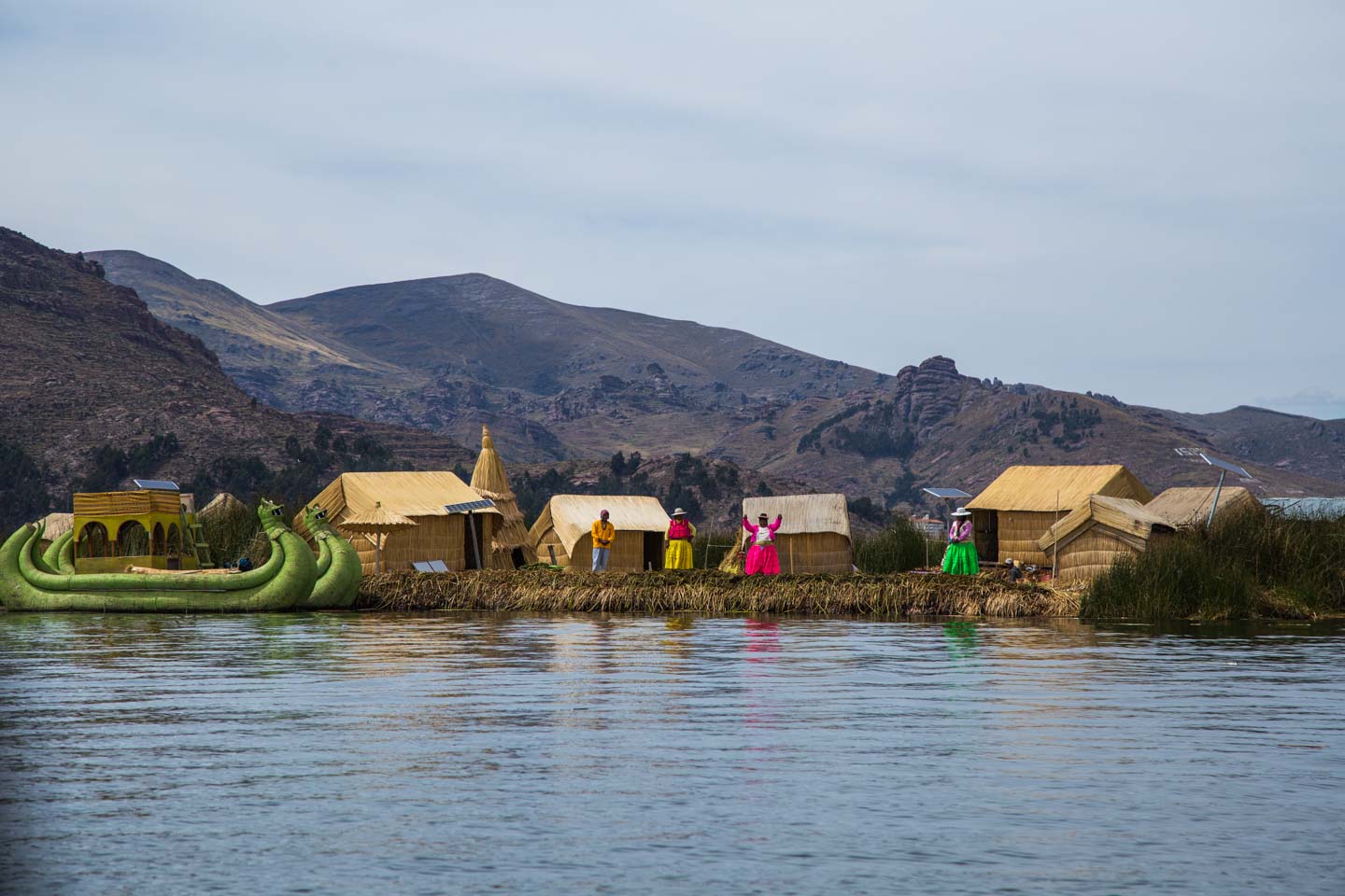 Approaching one of the reed floating islands, Uros Islands, Lake Titicaca, Peru