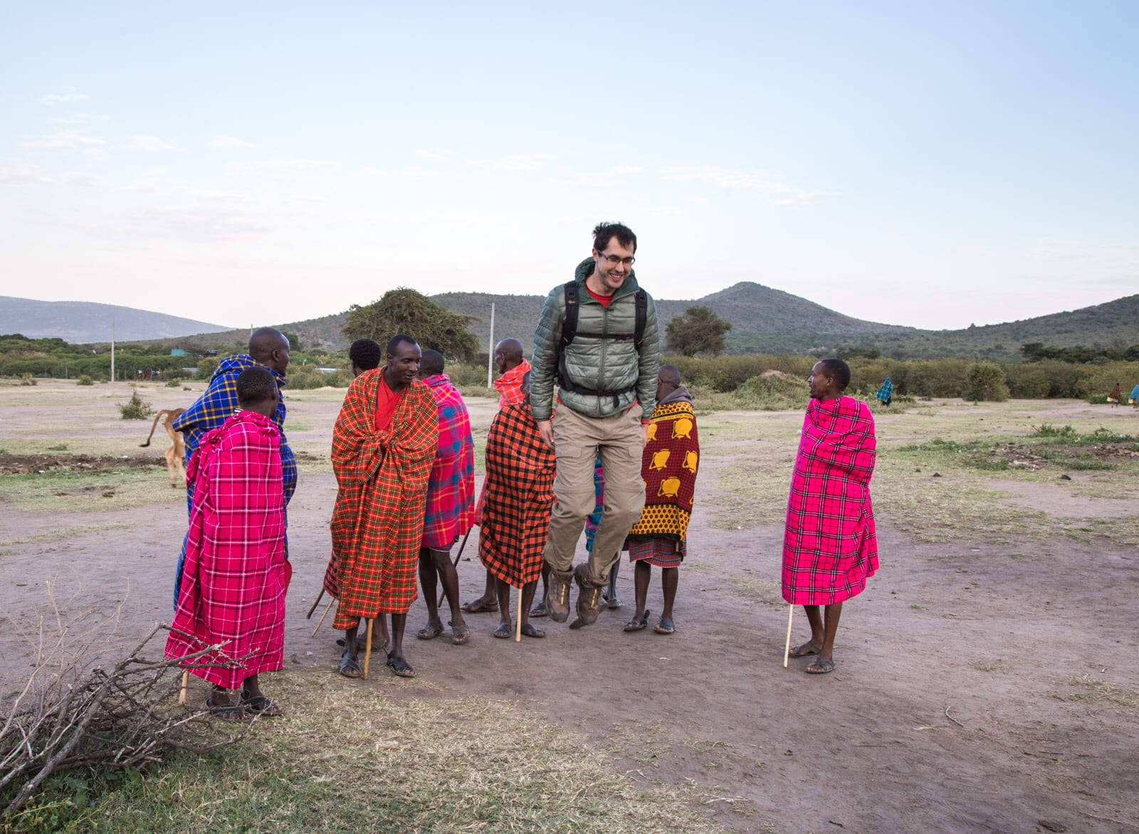 Carlos jumping higher than the local Maasai in the welcome dance.