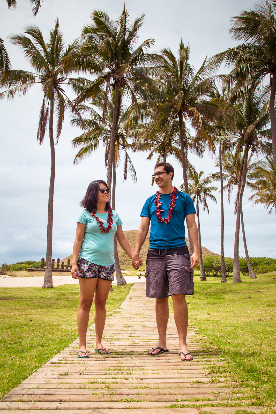 Julie & Carlos walking on Anakena Beach, Easter Island