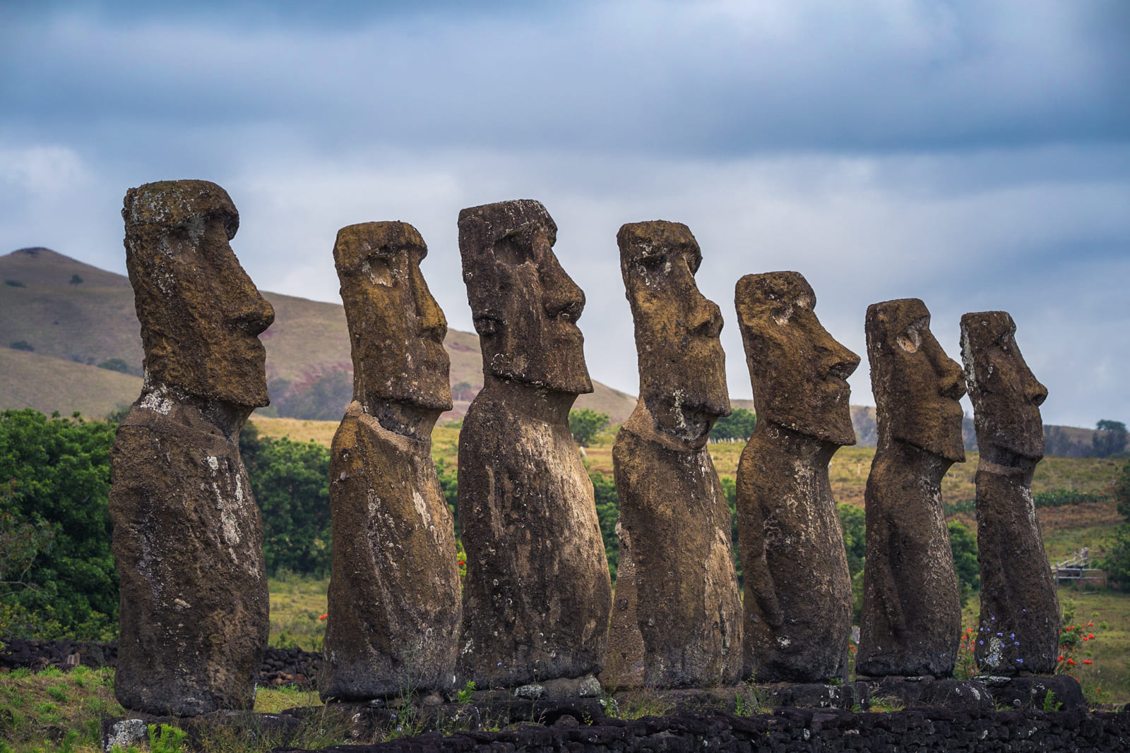 Moai placed on Ahu at Ahu Akivi, Easter Island