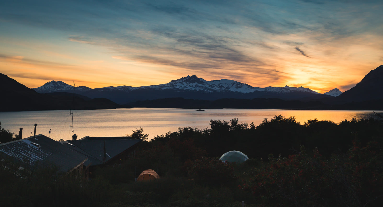 Sunset over Cuernos campground, Torres del Paine.