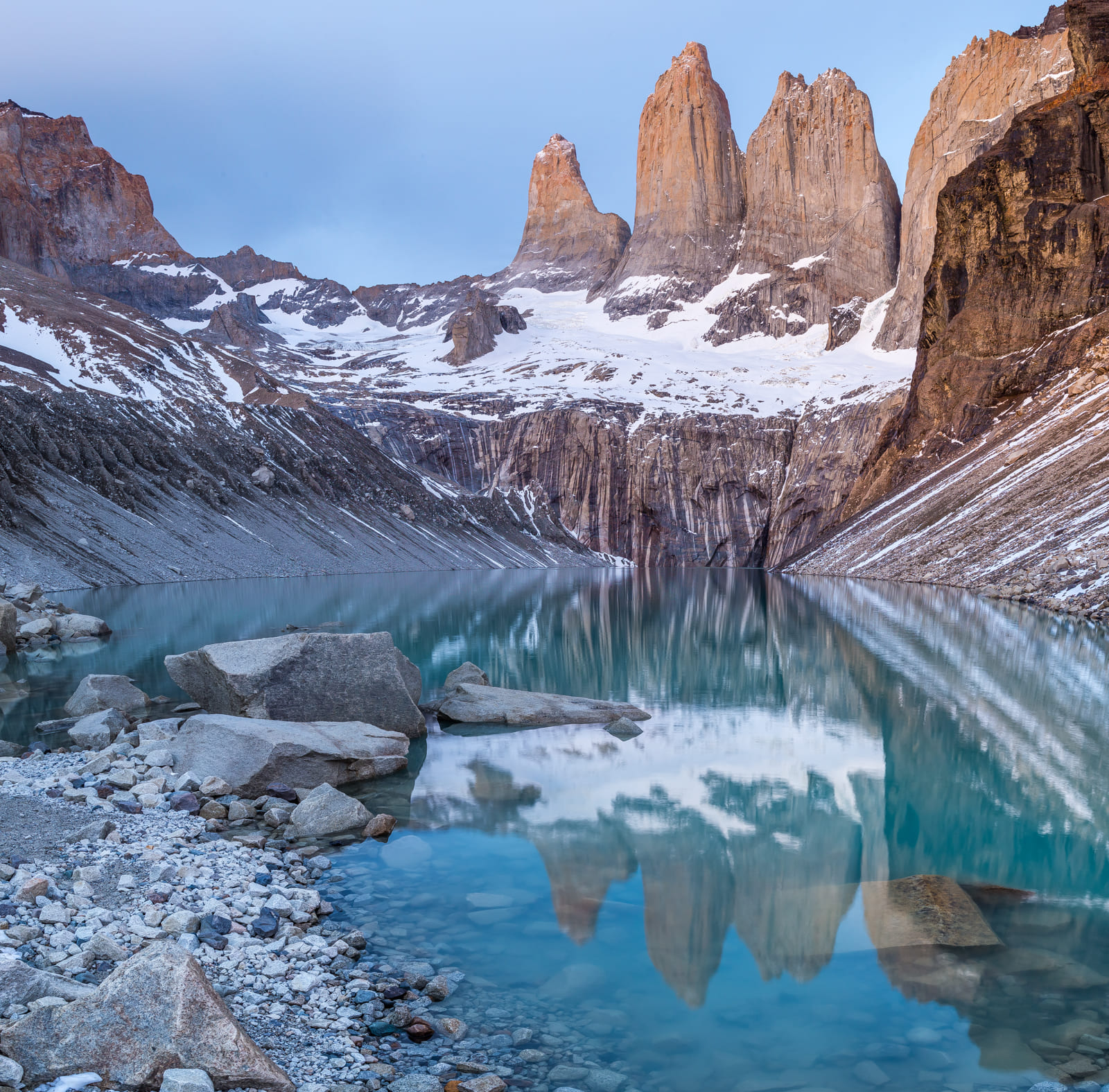 Reflections at Mirador Base Torres, Torres del Paine.