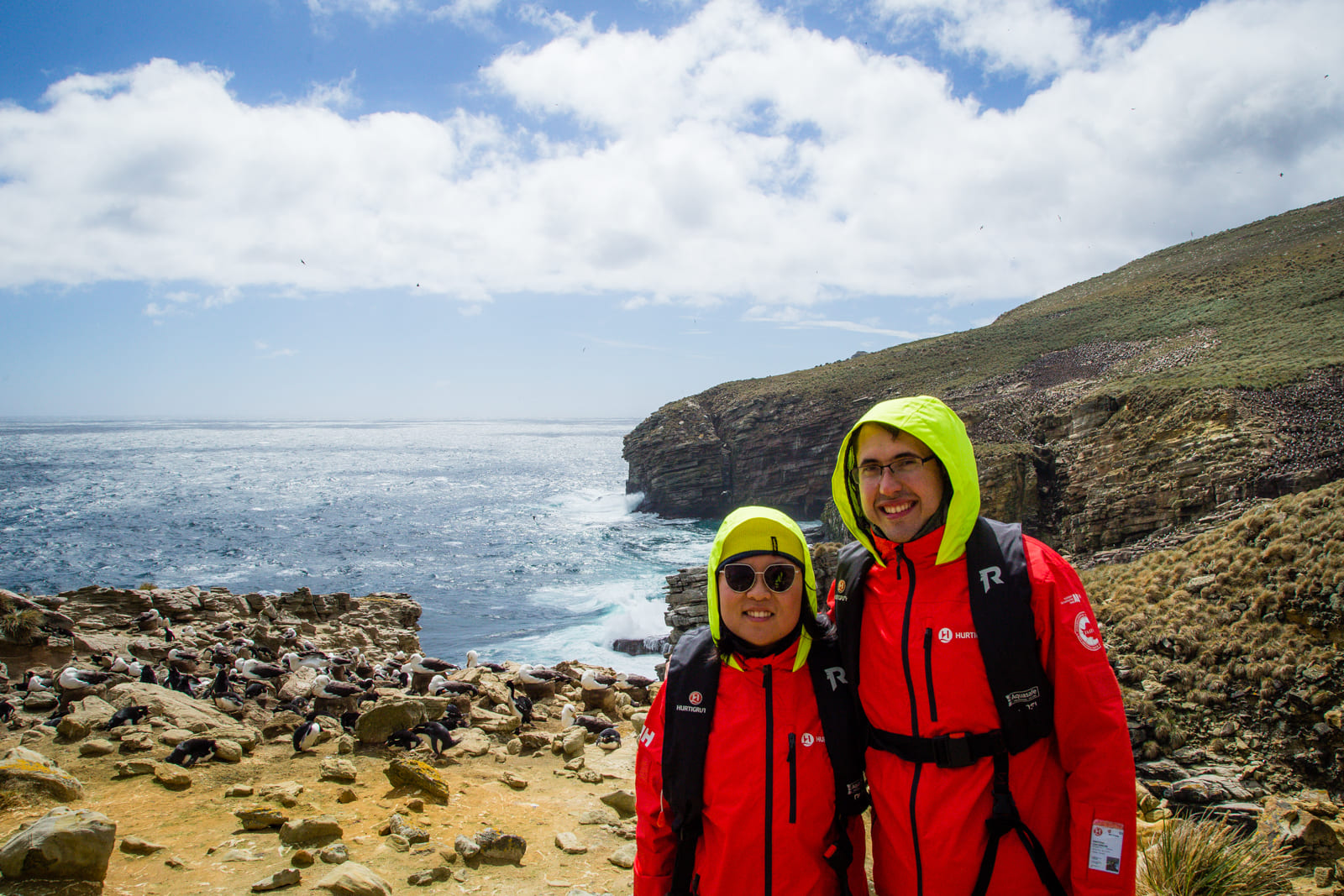 Julie and Carlos at the rockhopper penguin colony, New Island, Falklands
