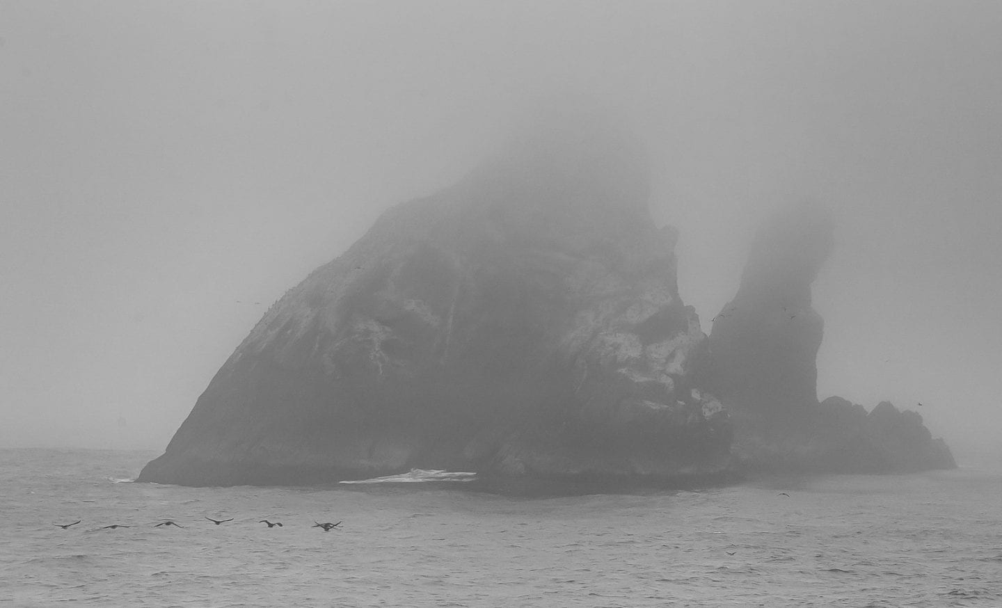 View of foggy Shag Rocks en route to South Georgia