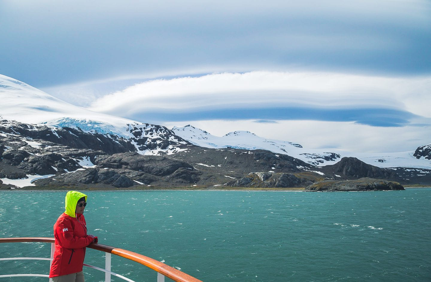 Julie enjoying the views of King Haakon Bay, South Georgia