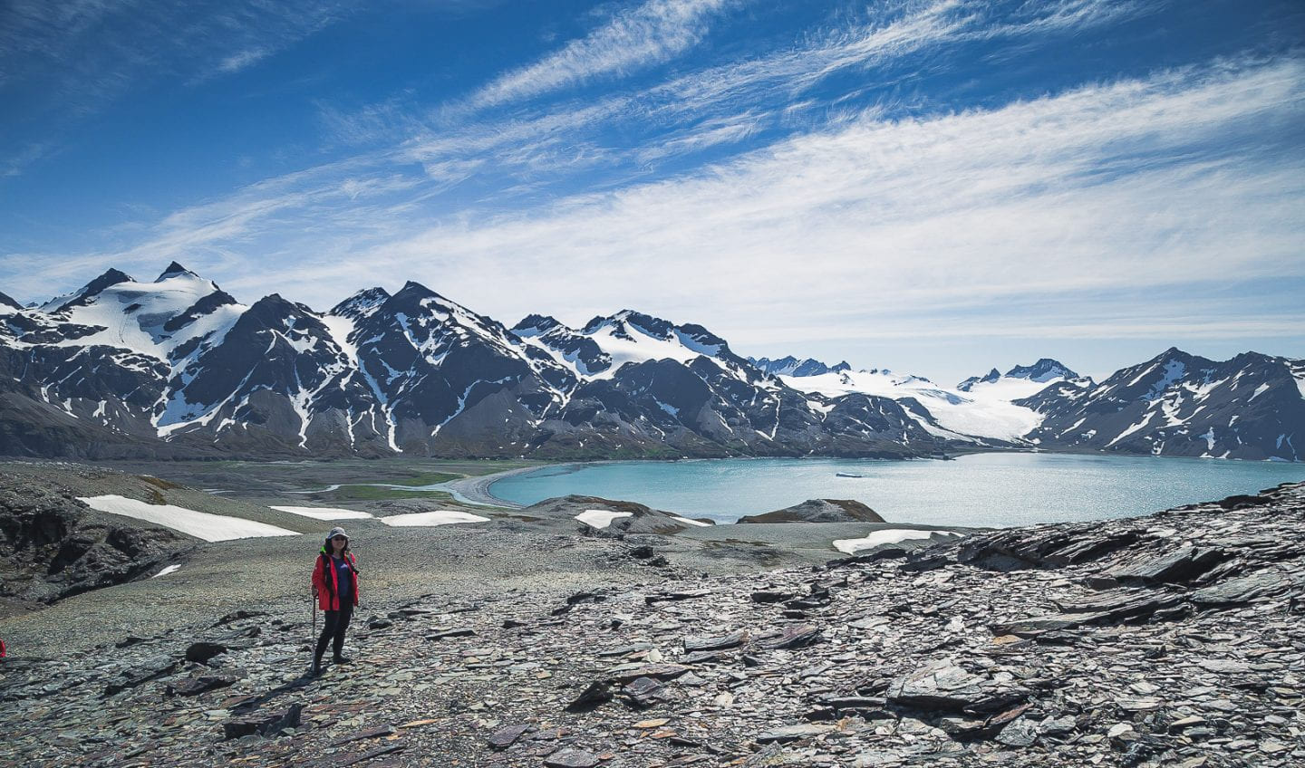 Julie overlooking Fortuna Bay, South Georgia