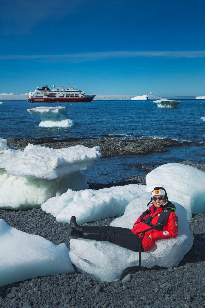 Julie lounging on a chunk of ice, Brown Bluff, Antarctica