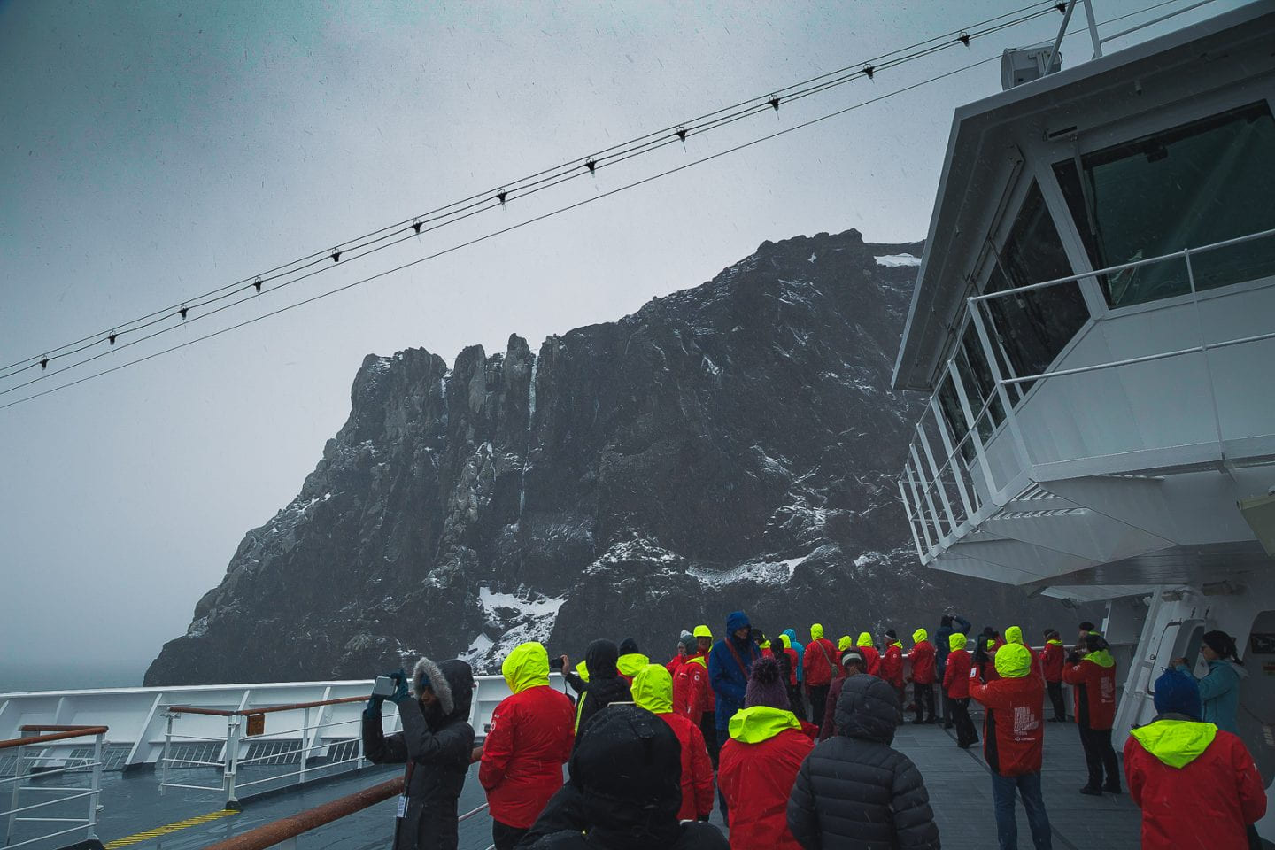 Explorers on deck for the narrow crossing, Deception Island