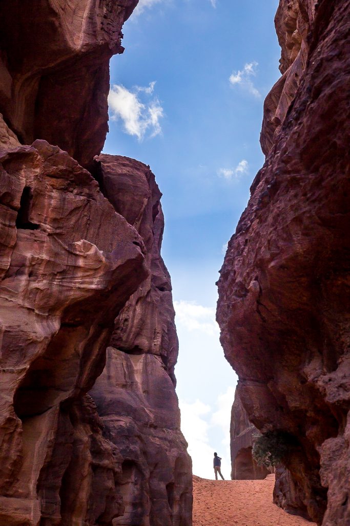Hiking through a canyon, Wadi Rum, Jordan