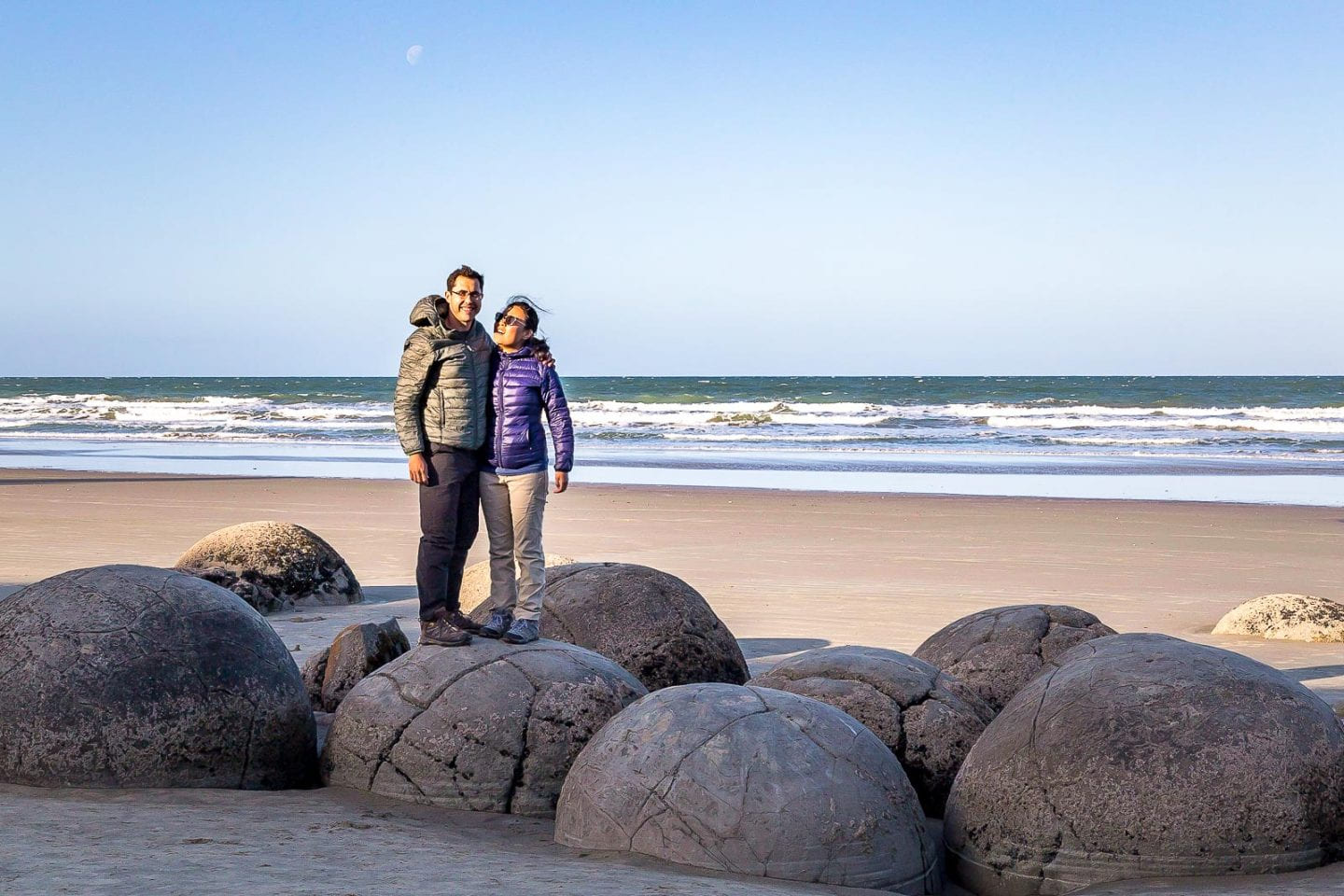 Julie & Carlos at the Moeraki Boulders, South Island, New Zealand