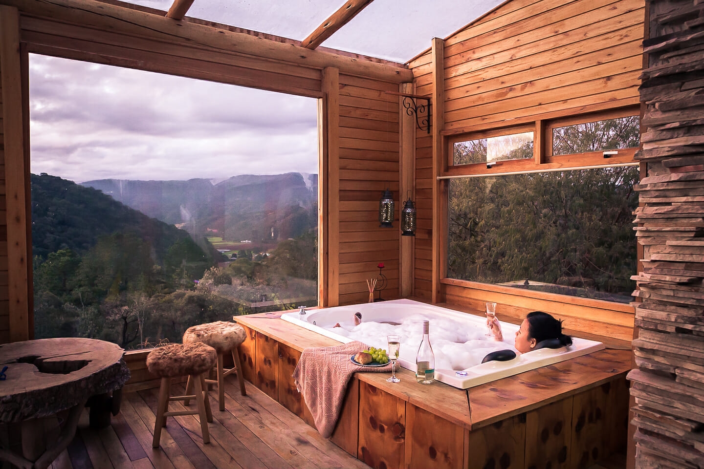 Julie chilling in a bubble bath in Urubici, Brazil