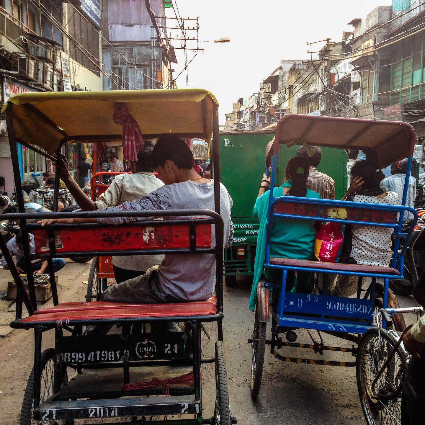 Rickshaws stuck in traffic on the streets of New Delhi, India
