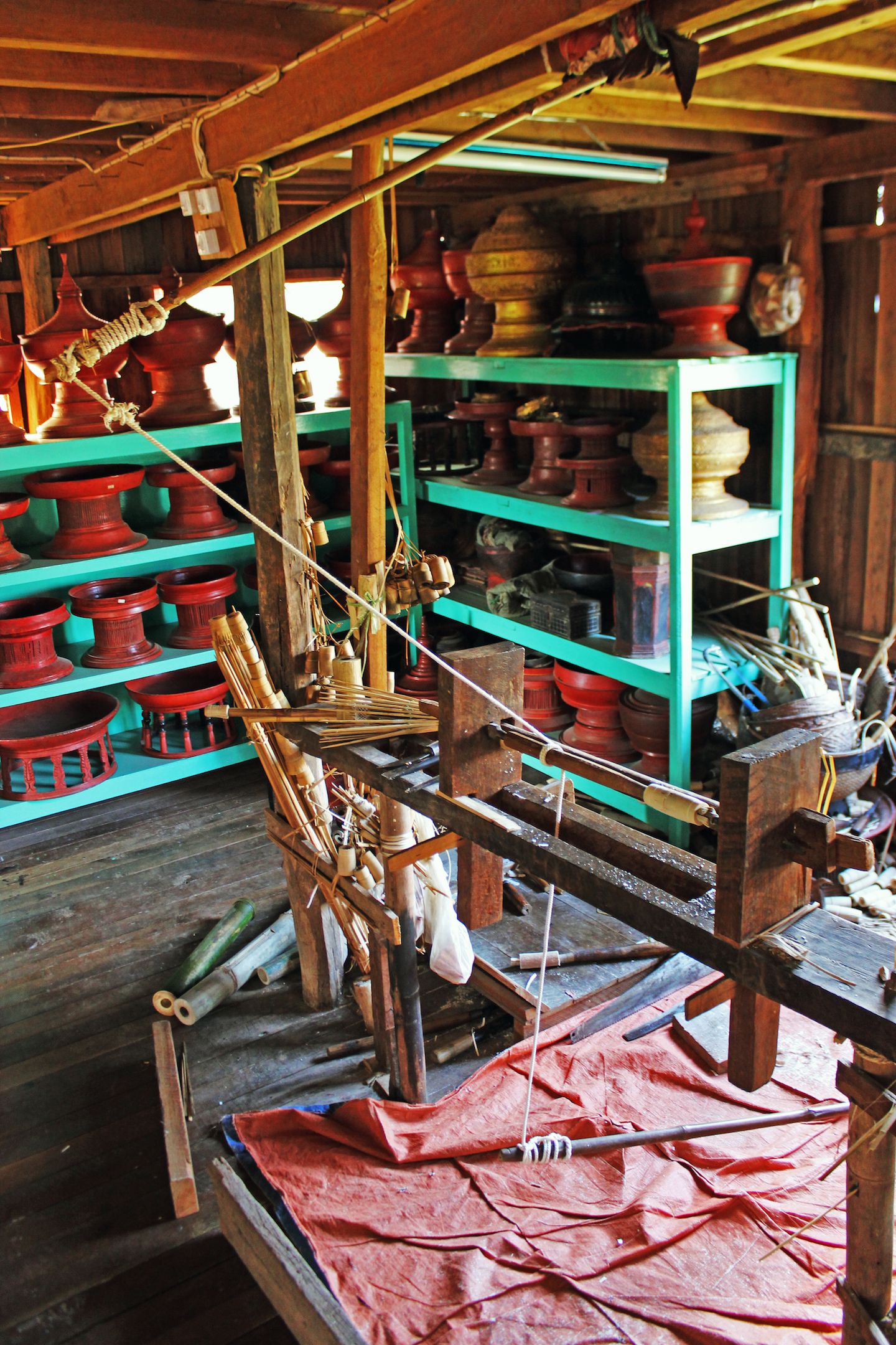 Archaic lathe machine at the umbrella shop, Inle Lake, Myanmar
