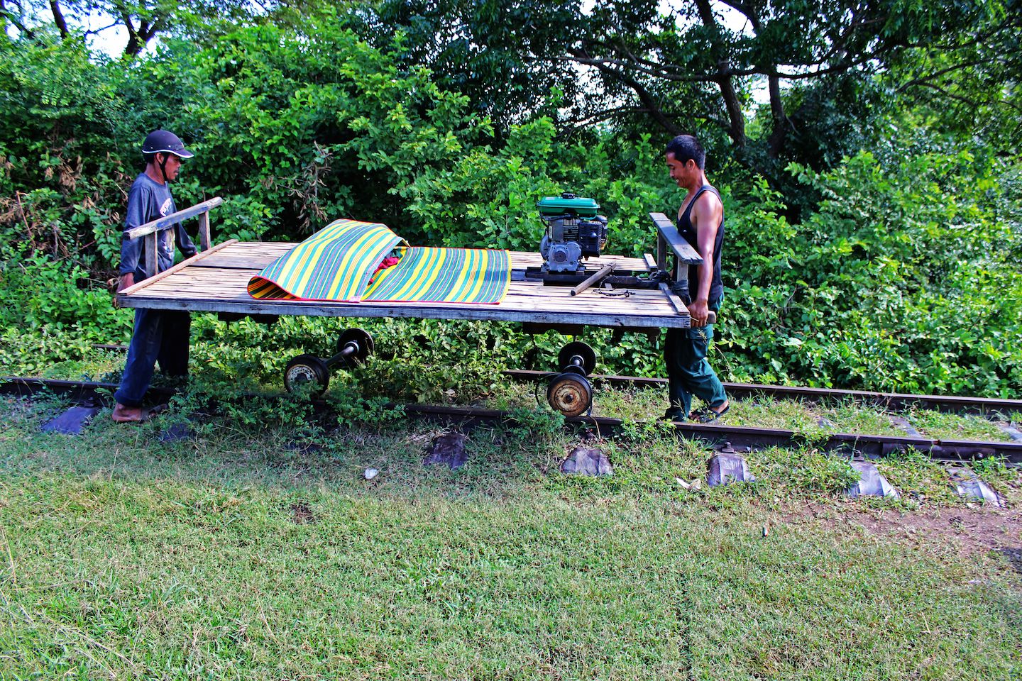 Assembling the bamboo train