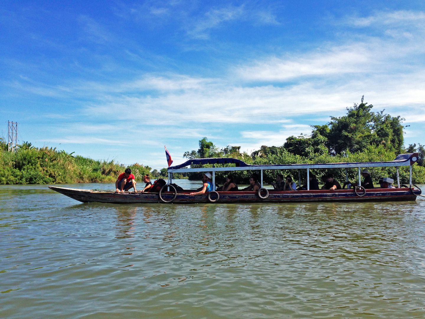 Boats cruising the Mekong River, 4000 Islands (Si Phan Don), Laos