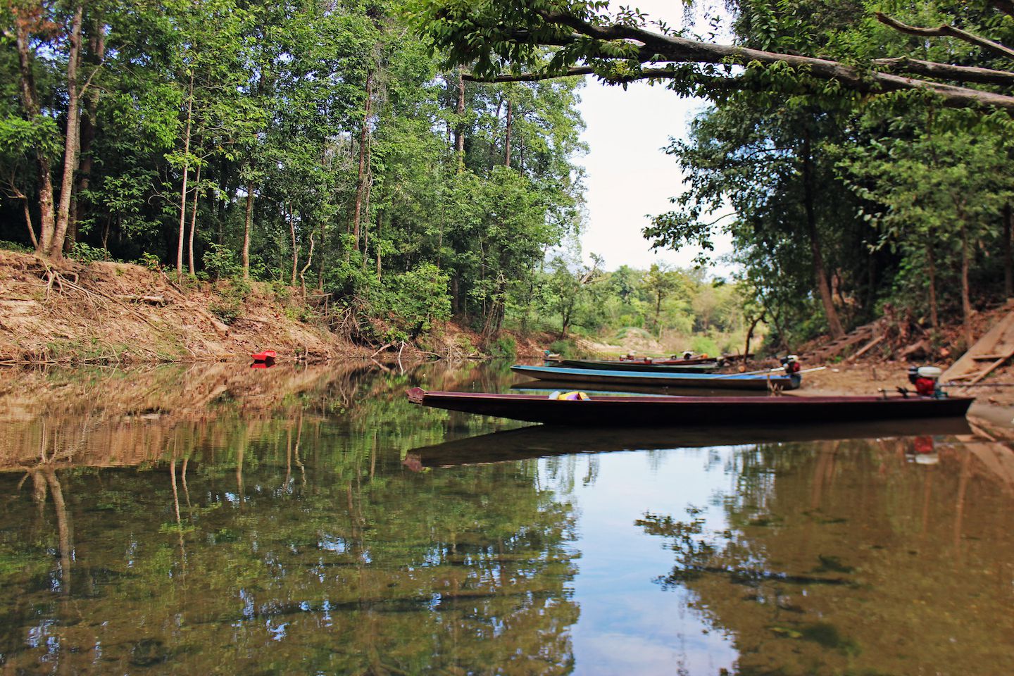 Boats parked at the village at the end of Konglor Village, Laos