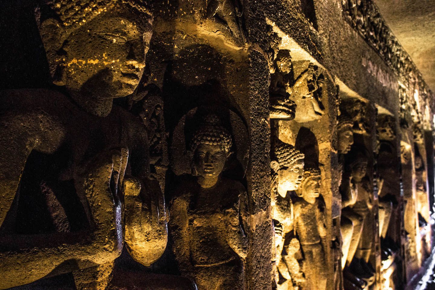 Buddha sculptures inside the Ajanta Caves, India