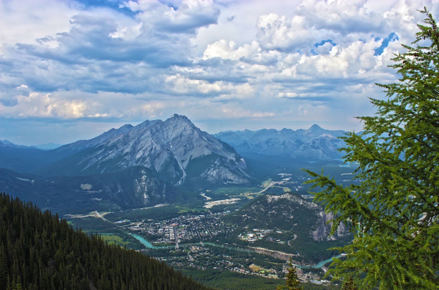 View from Sulphur Mountain overlooking the town of Banff with Mount Cascade in the background.