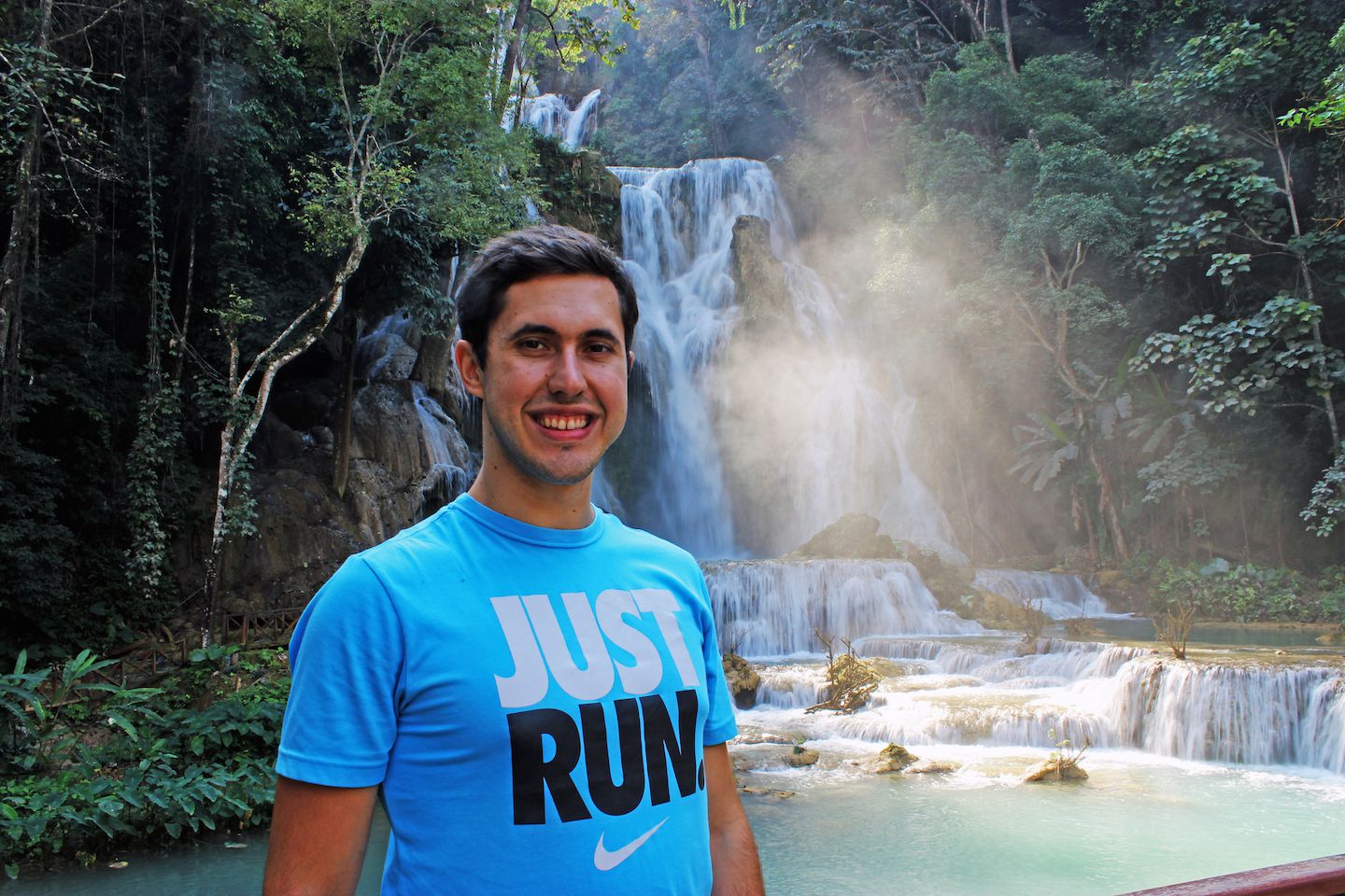 Carlos at the Kuang Si Waterfall during sunset, Luang Prabang, Laos