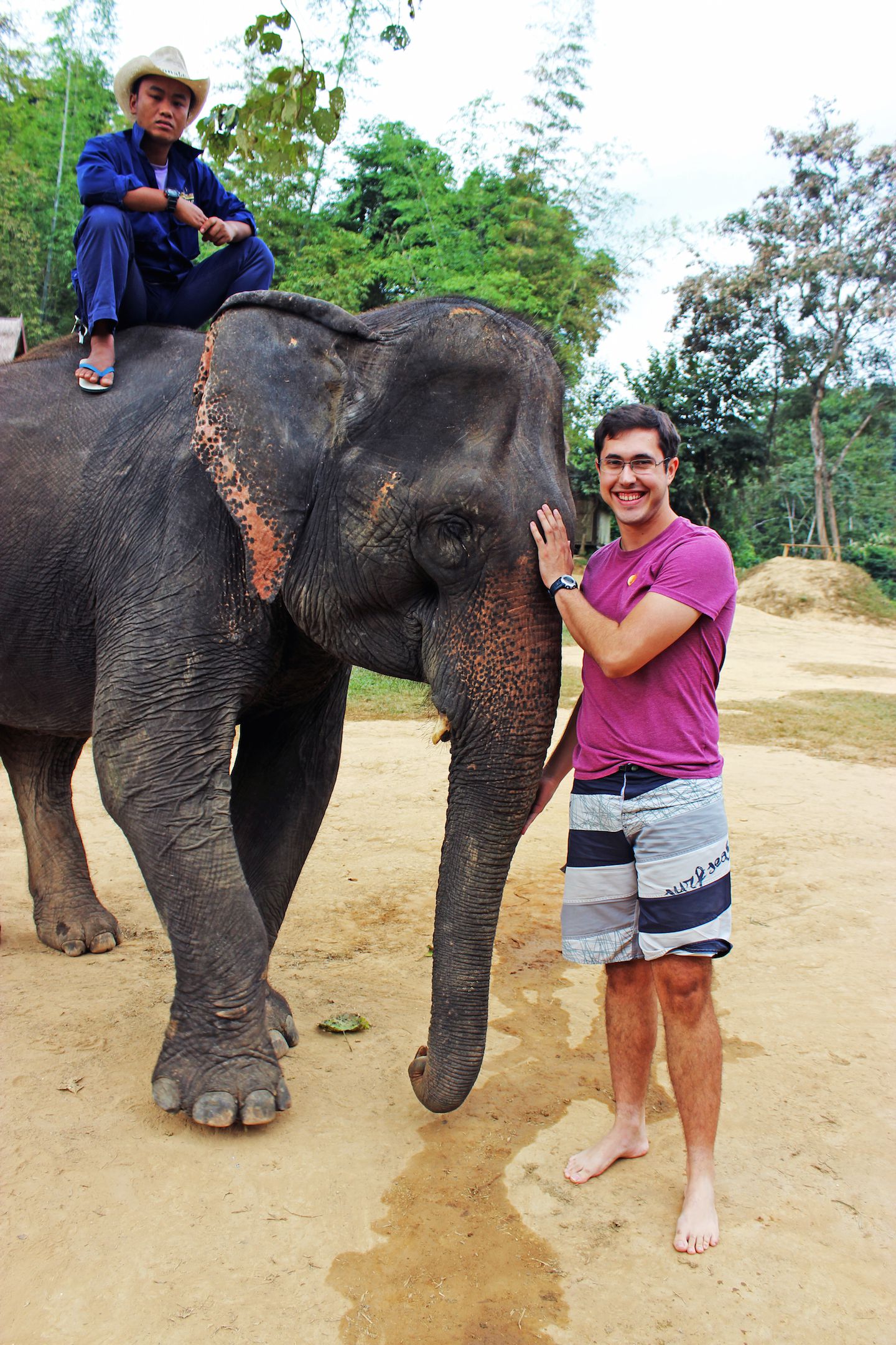 Carlos hugging the elephant at the Elephant Village, Luang Prabang, Laos