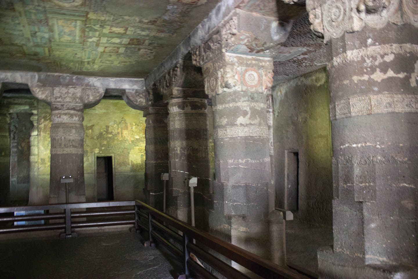 Columns inside the many Ajanta Caves, India