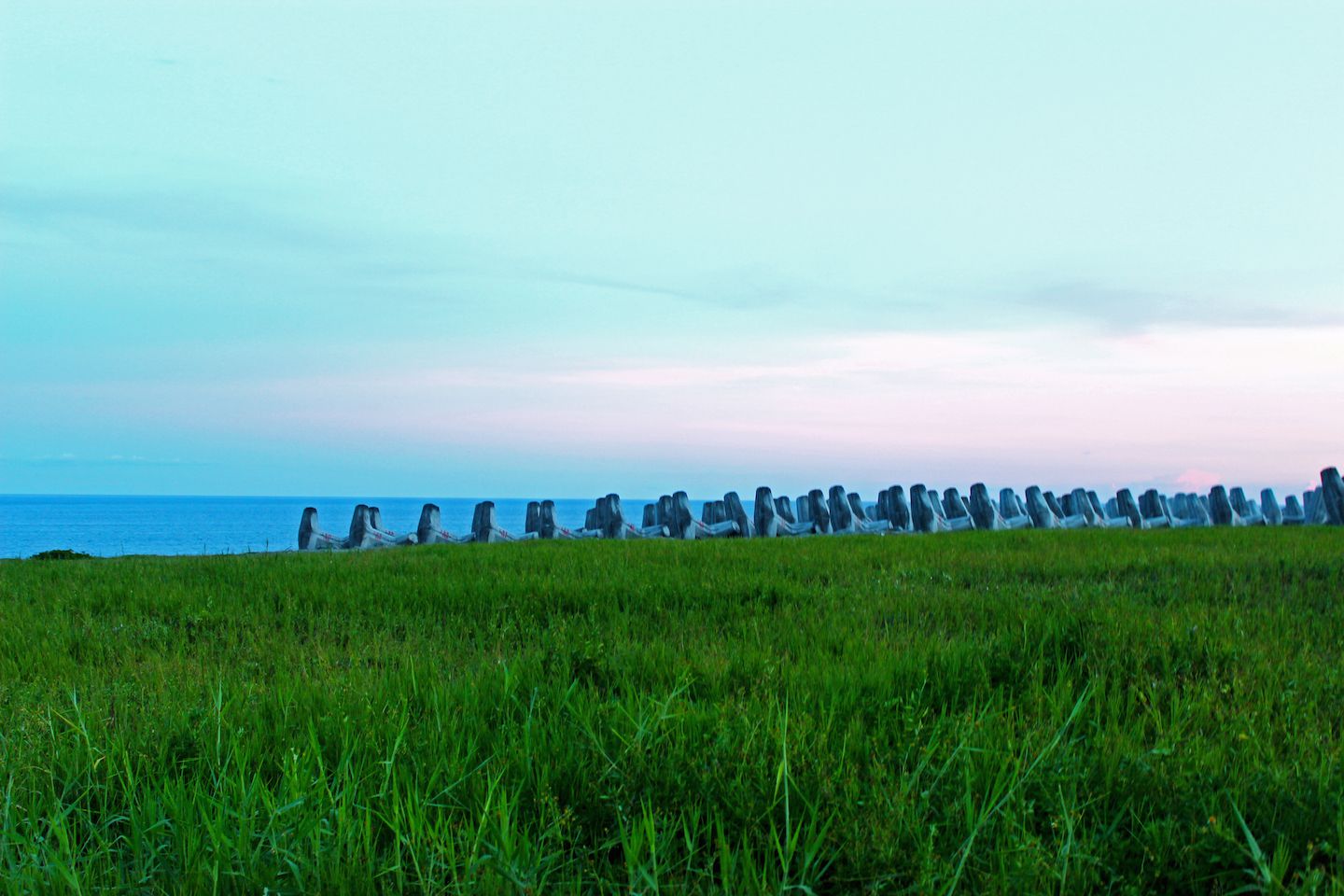 Concrete blocks on the immense green field