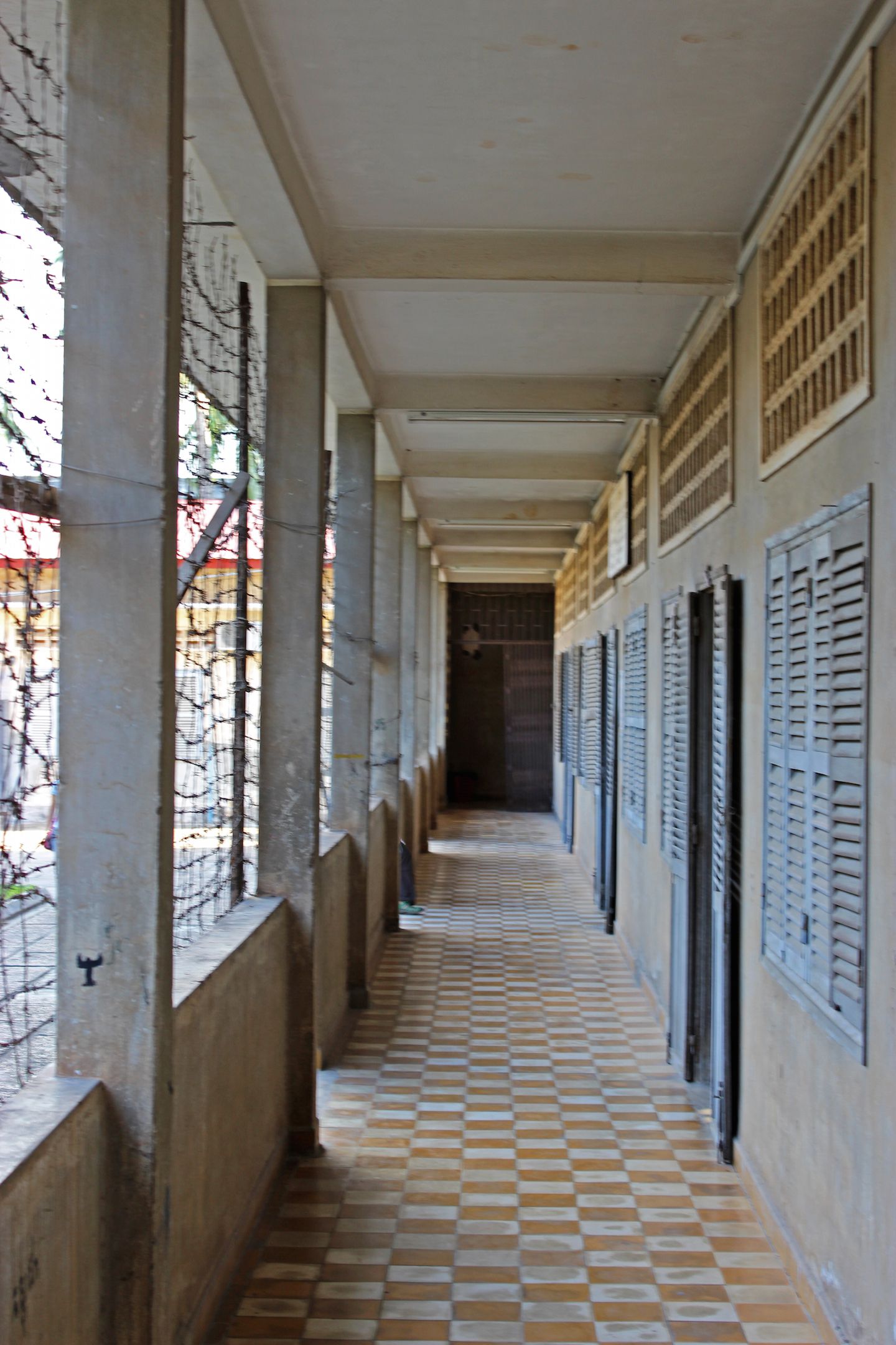 Corridor passing the many cells where prisoners were kept at S-21