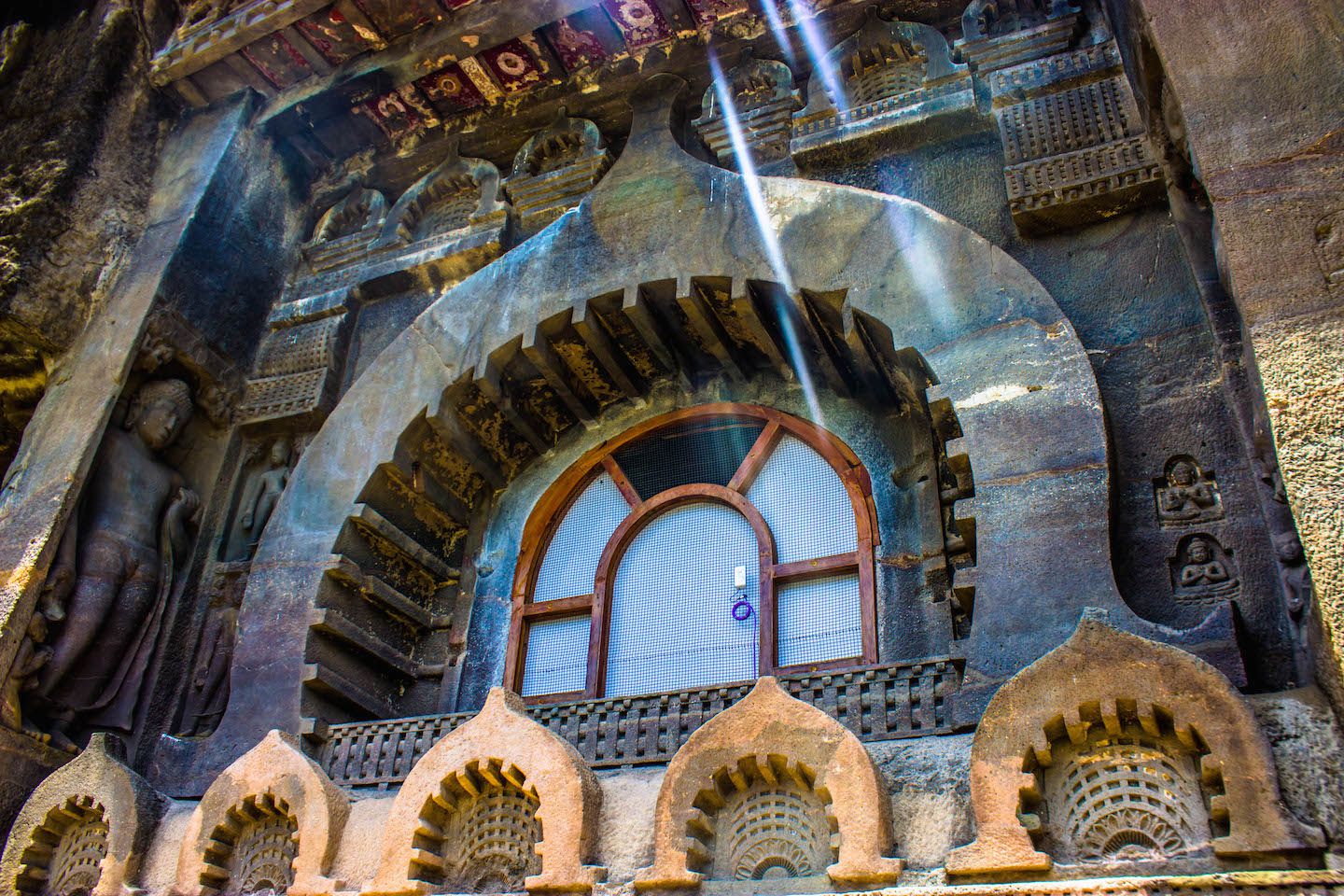 Detailed windows at the Ajanta Caves, India