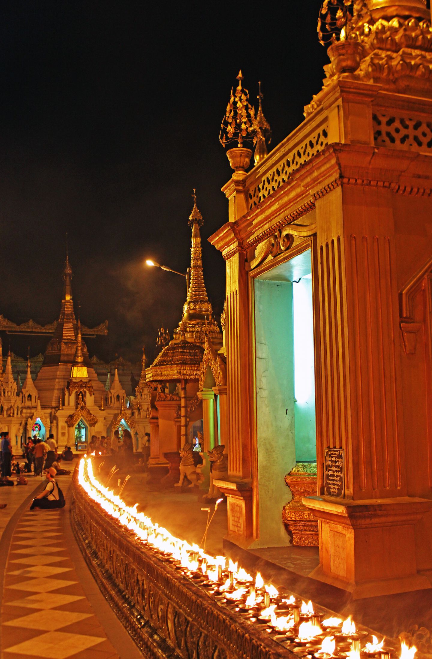 Fire ring surrounding Schwedagon Pagoda, Yangon, Myanmar