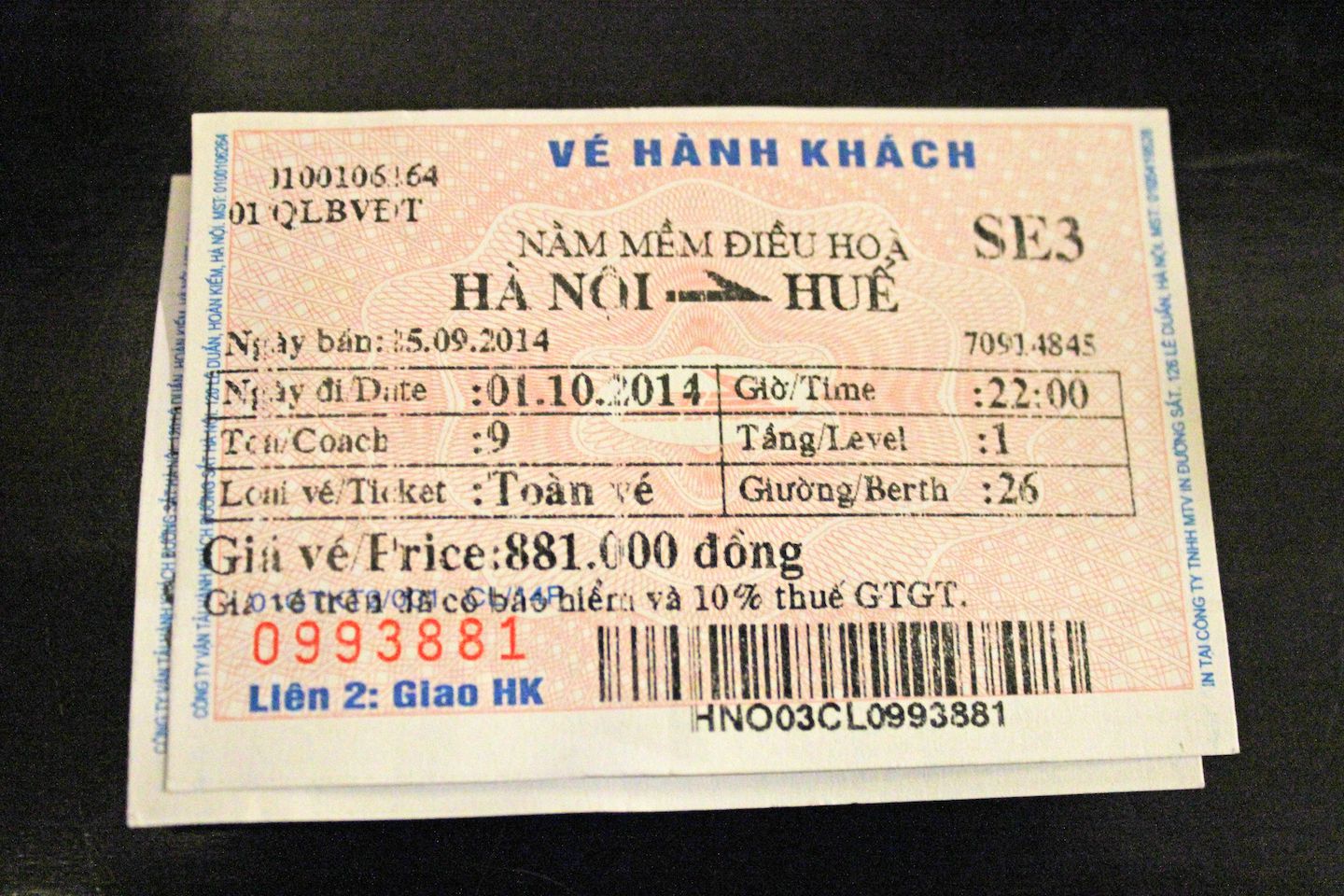 Hanoi to Hue train ticket