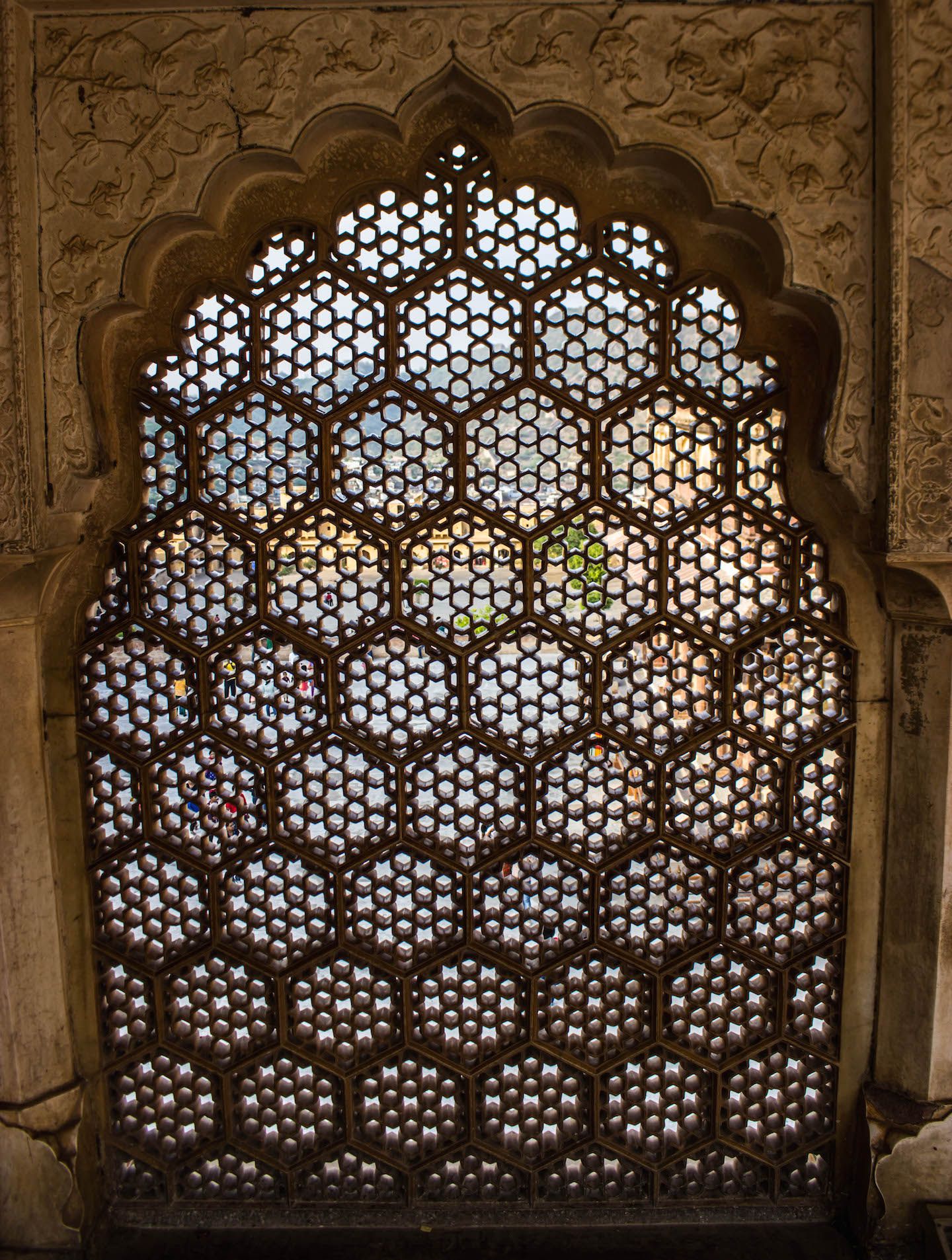 Detailed Persian windows at Amer Fort, Jaipur, India