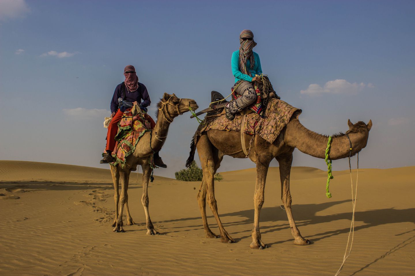 Julie and Carlos riding camels on the Thar Desert, Jaisalmer, India
