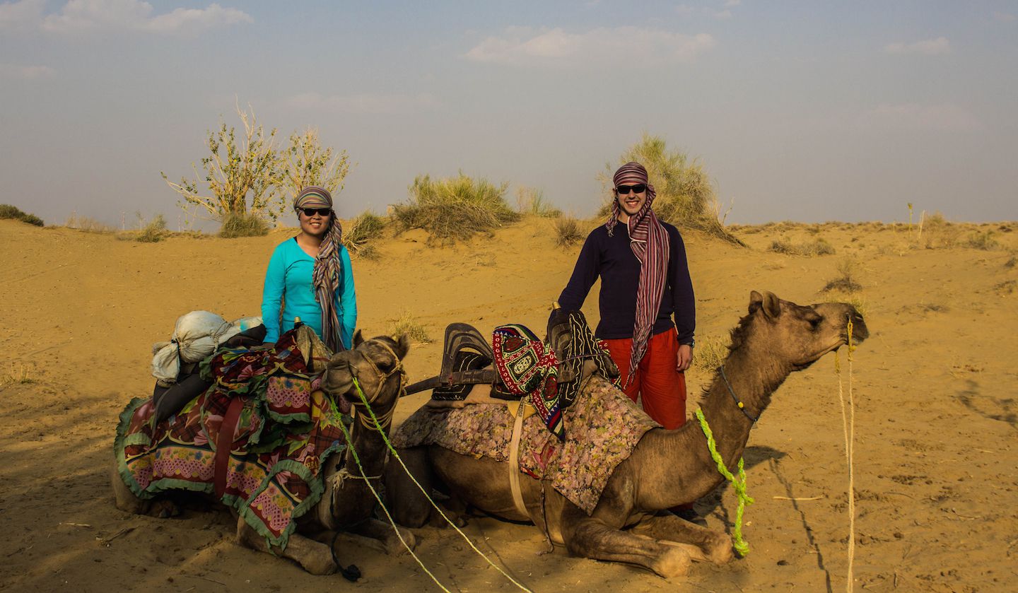 Julie and Carlos with their camels, Thar Desert, Jaisalmer, India