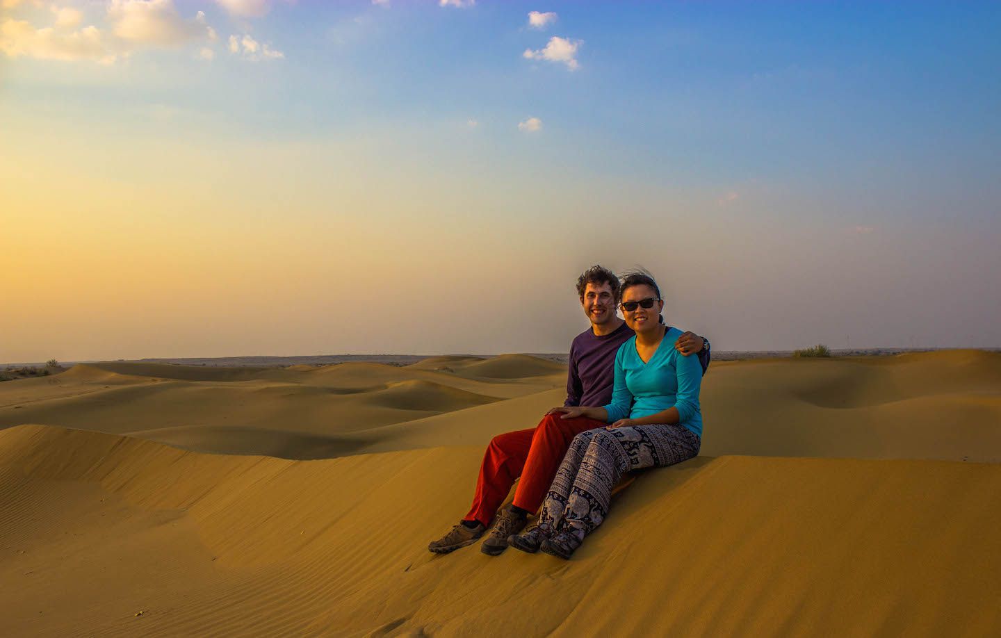 Julie and Carlos watching the sunset over the sand dunes of the Thar Desert, Jaisalmer, India