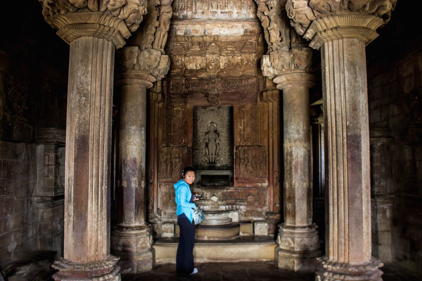 Julie in the inner chambers of Lakshmana temple, Khajuraho, India