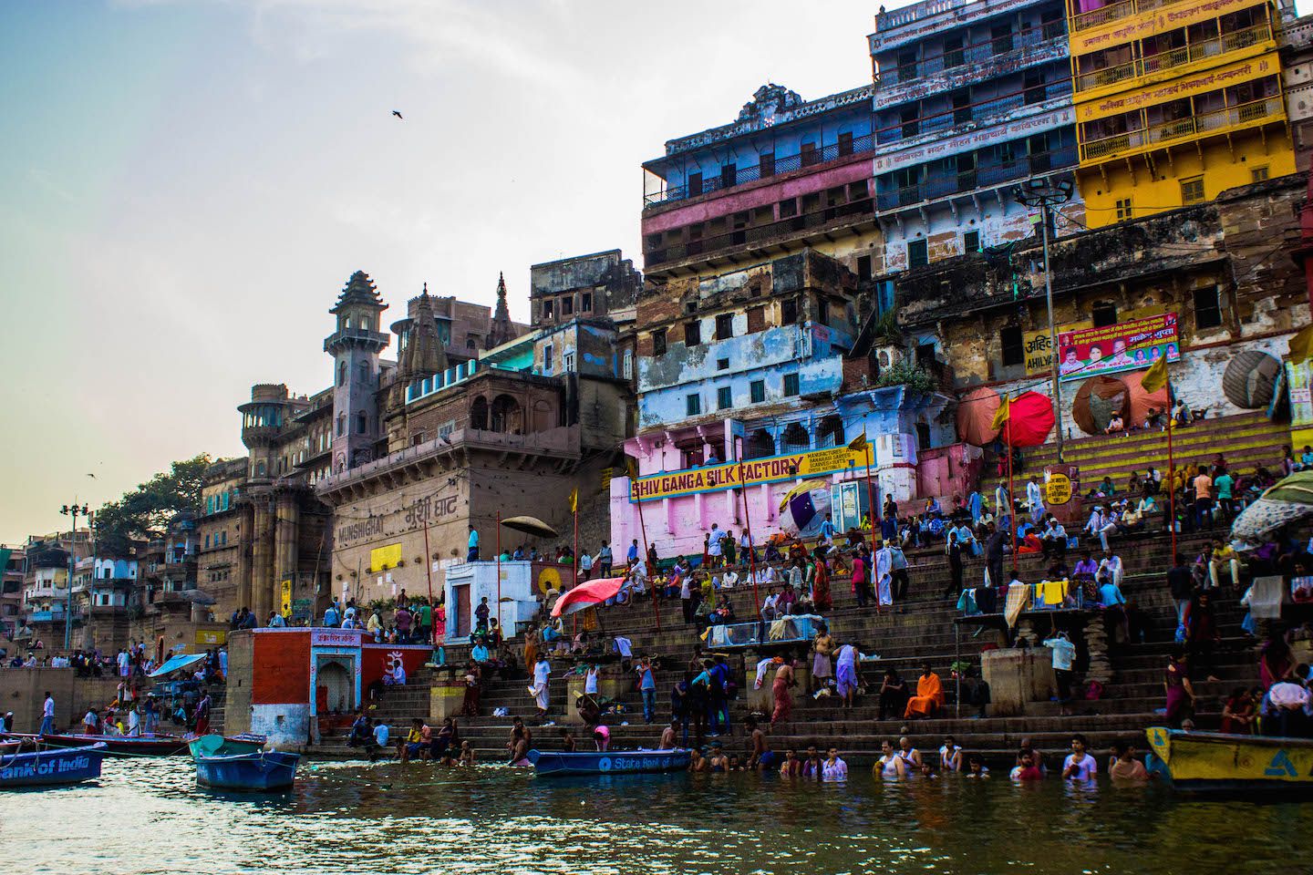 View of the many ghats in Varanasi, India