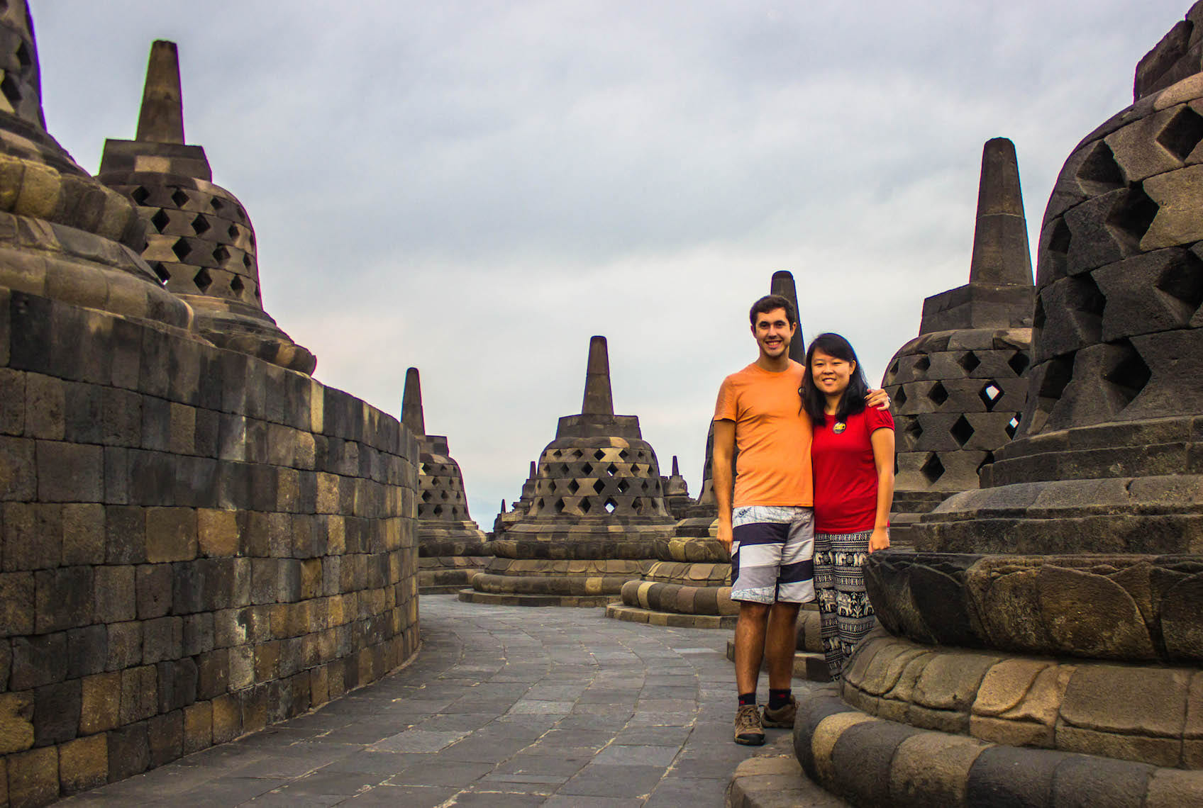 Julie and Carlos at the stupas of Borobudur, Indonesia