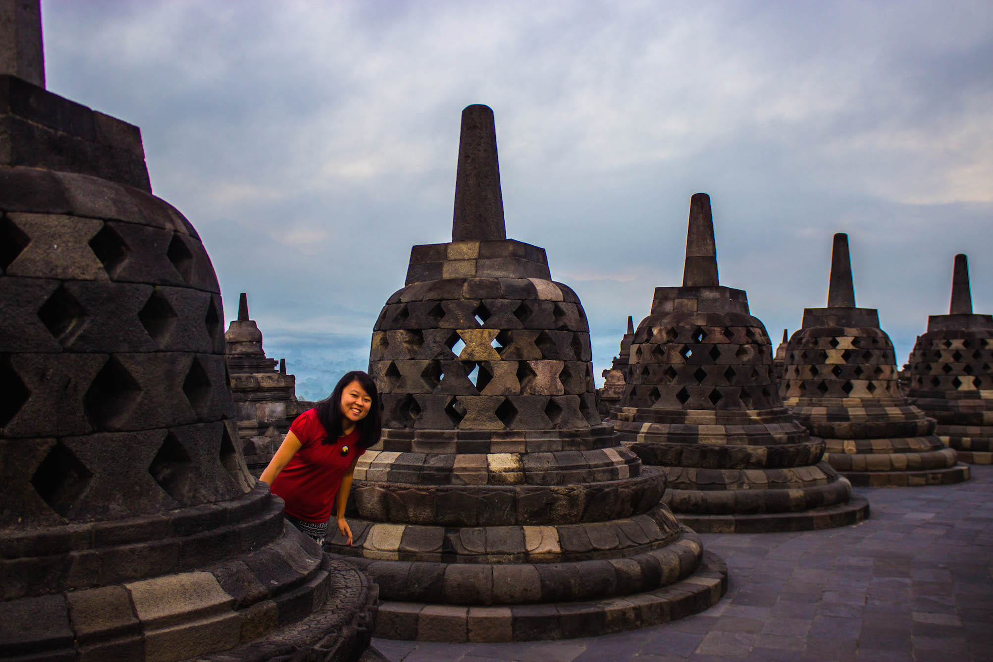Julie walking through the many stupas of Borobudur, Indonesia