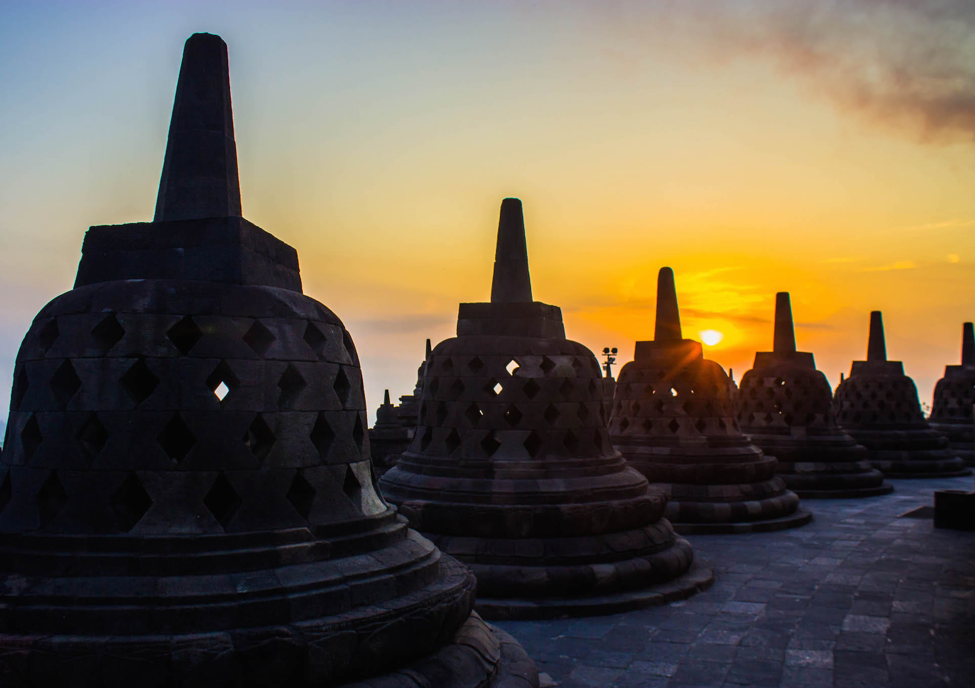Sunrise over the stupas of Borobudur, Indonesia