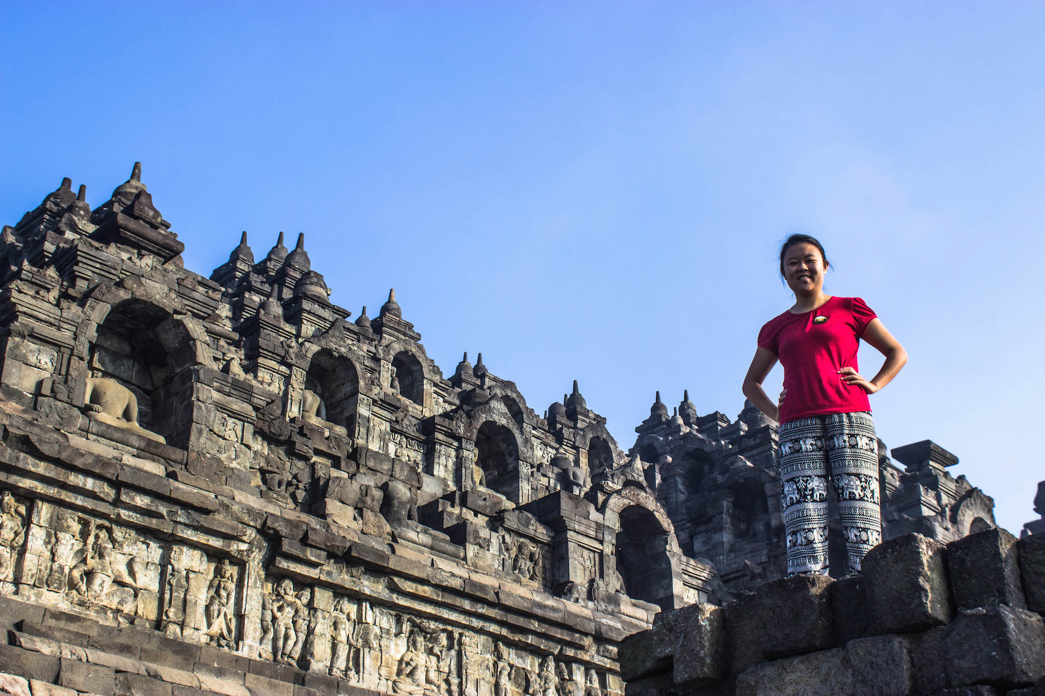 Julie walking through the ruins of Borobudur, Indonesia