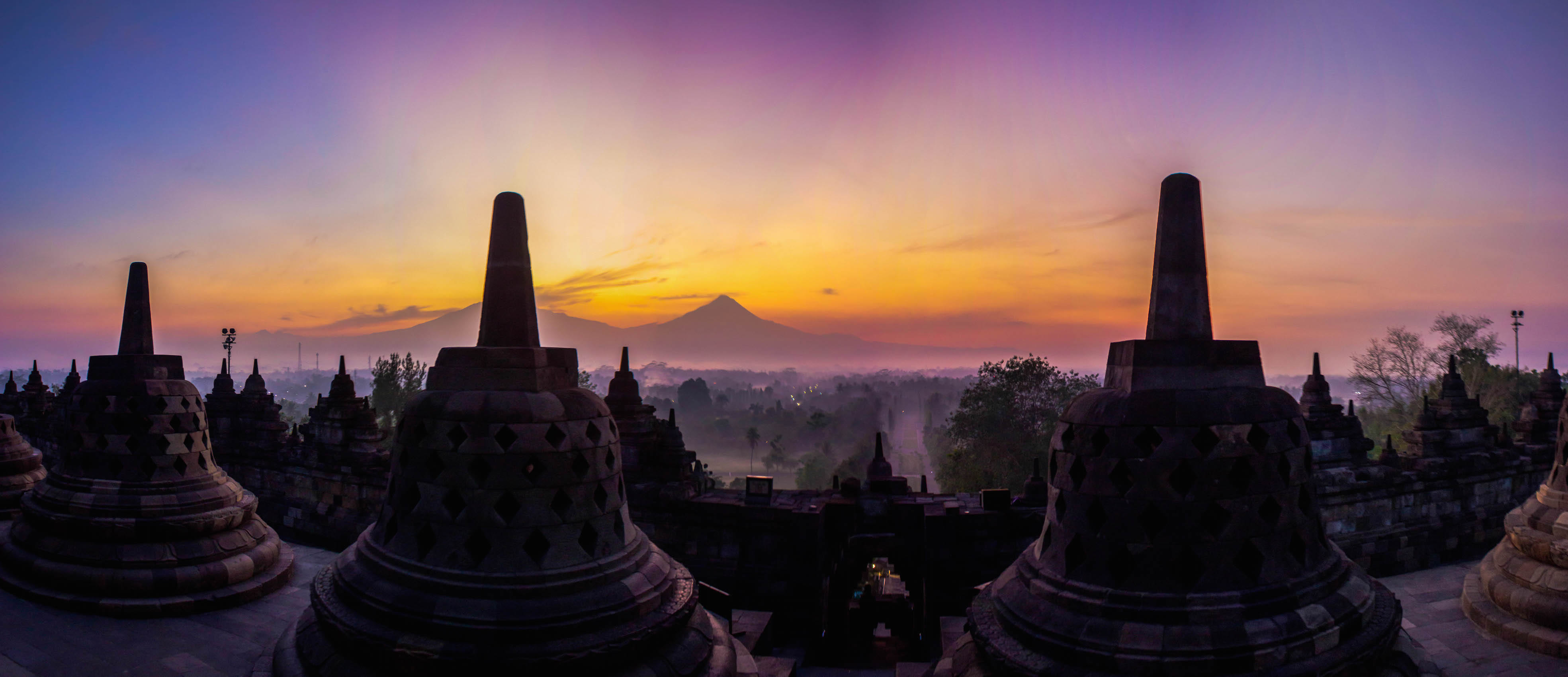 Panoramic view of the sunrise in Borobudur, Indonesia