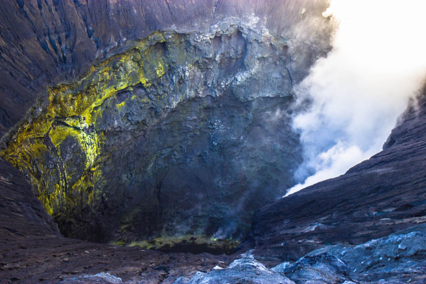 Crater of Mt. Bromo with smoke coming out, Indonesia